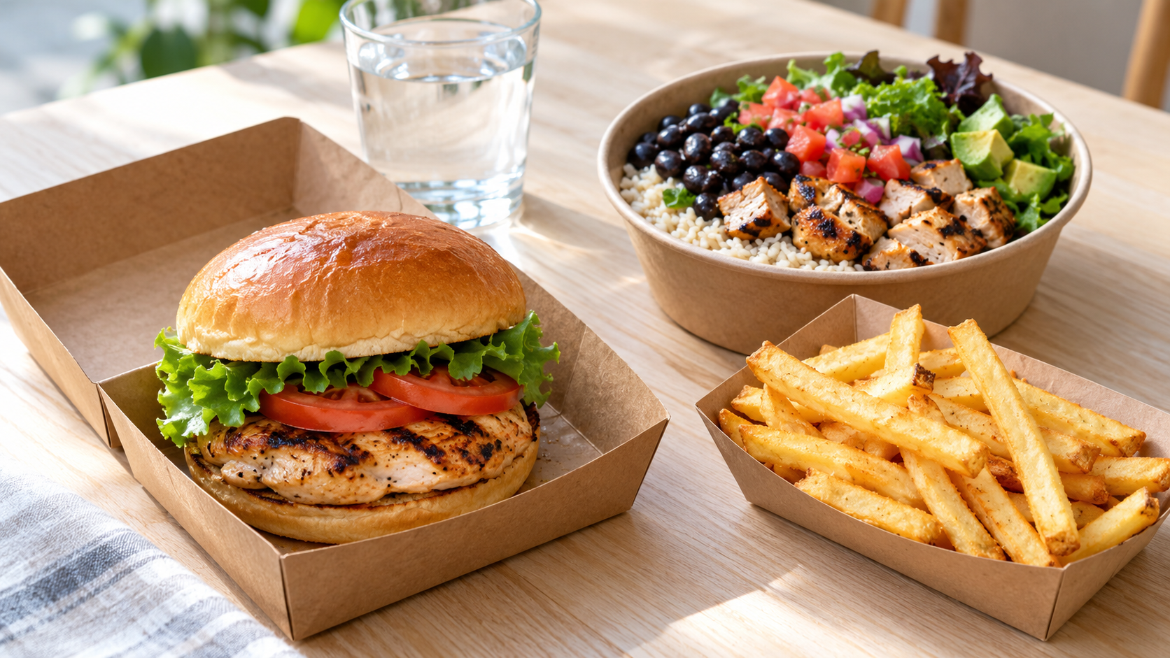 Grilled chicken burger, fries, and a chicken, rice, and bean bowl on a table.