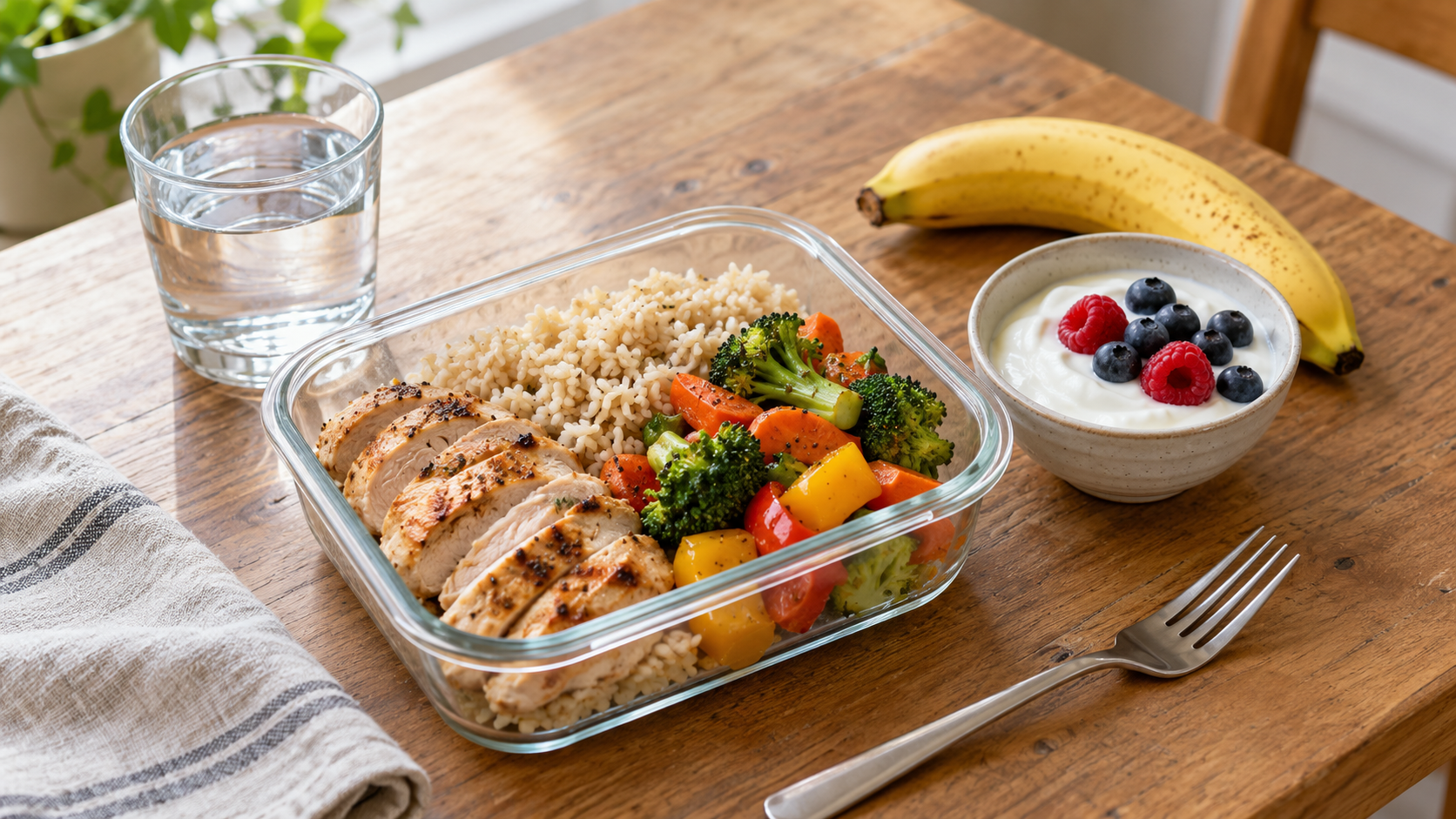 Chicken, rice, and vegetables in a glass container beside yogurt, berries, a banana, and water.