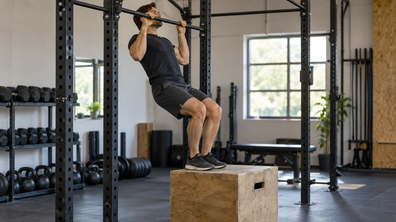 Man practising a feet-assisted pull-up with support from a sturdy gym box