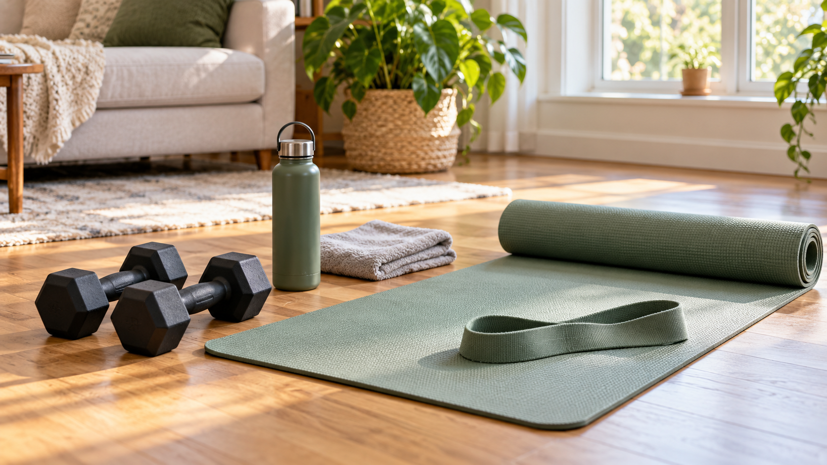 Exercise mat, dumbbells, resistance band, water bottle, and towel in a home workout space.