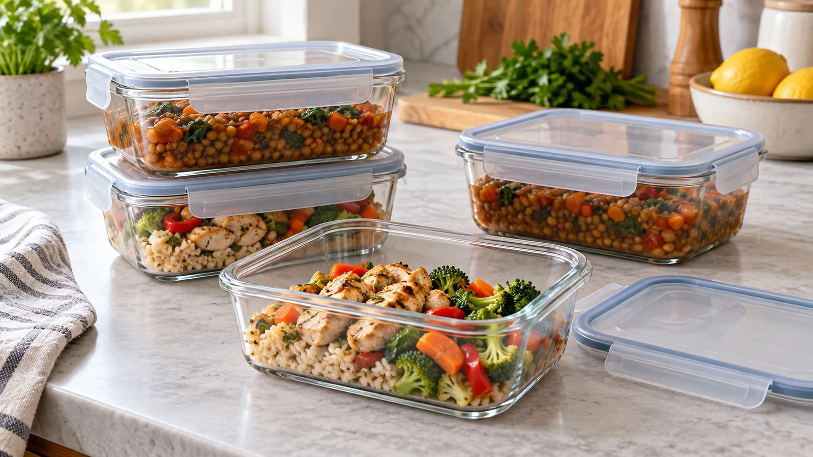 Cooled meal-prep portions in freezer-safe glass containers with room below the lids.