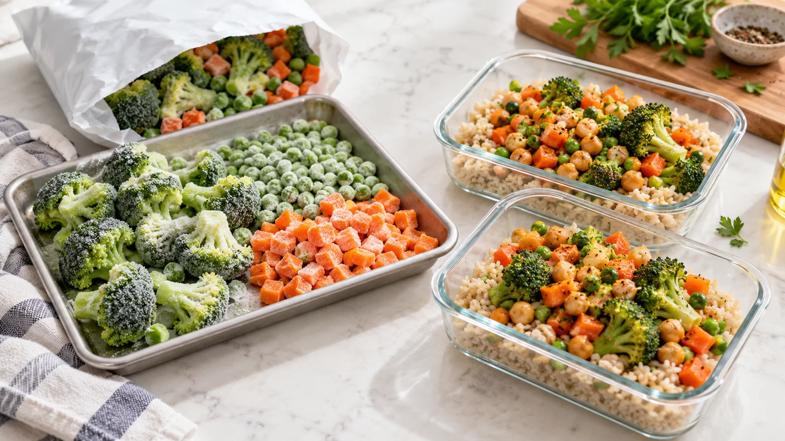 Frozen broccoli, peas and carrots beside prepared vegetable-and-grain meal containers.
