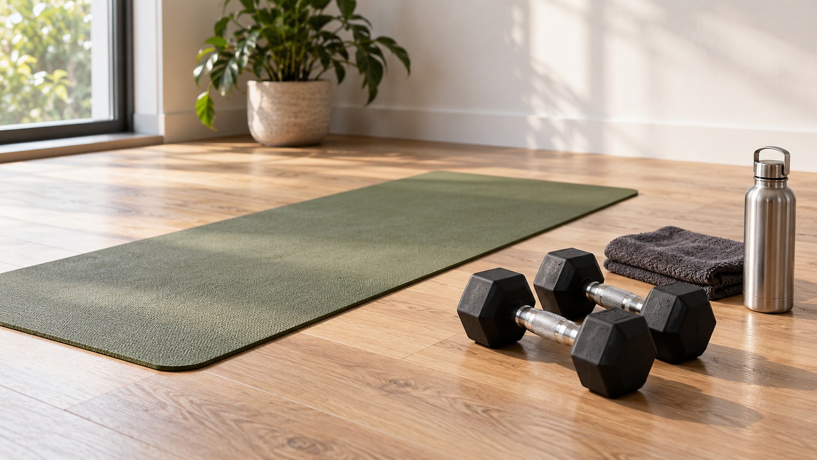 Pair of dumbbells beside an exercise mat in a sunlit home workout space
