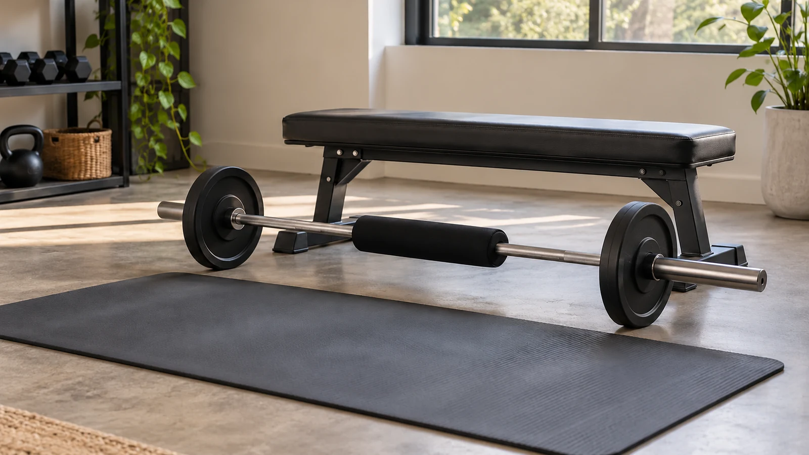 Workout mat, low padded bench, and barbell arranged for glute exercises.