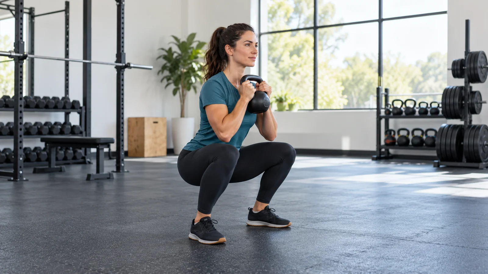 Adult holding a kettlebell close to her chest during a goblet squat.