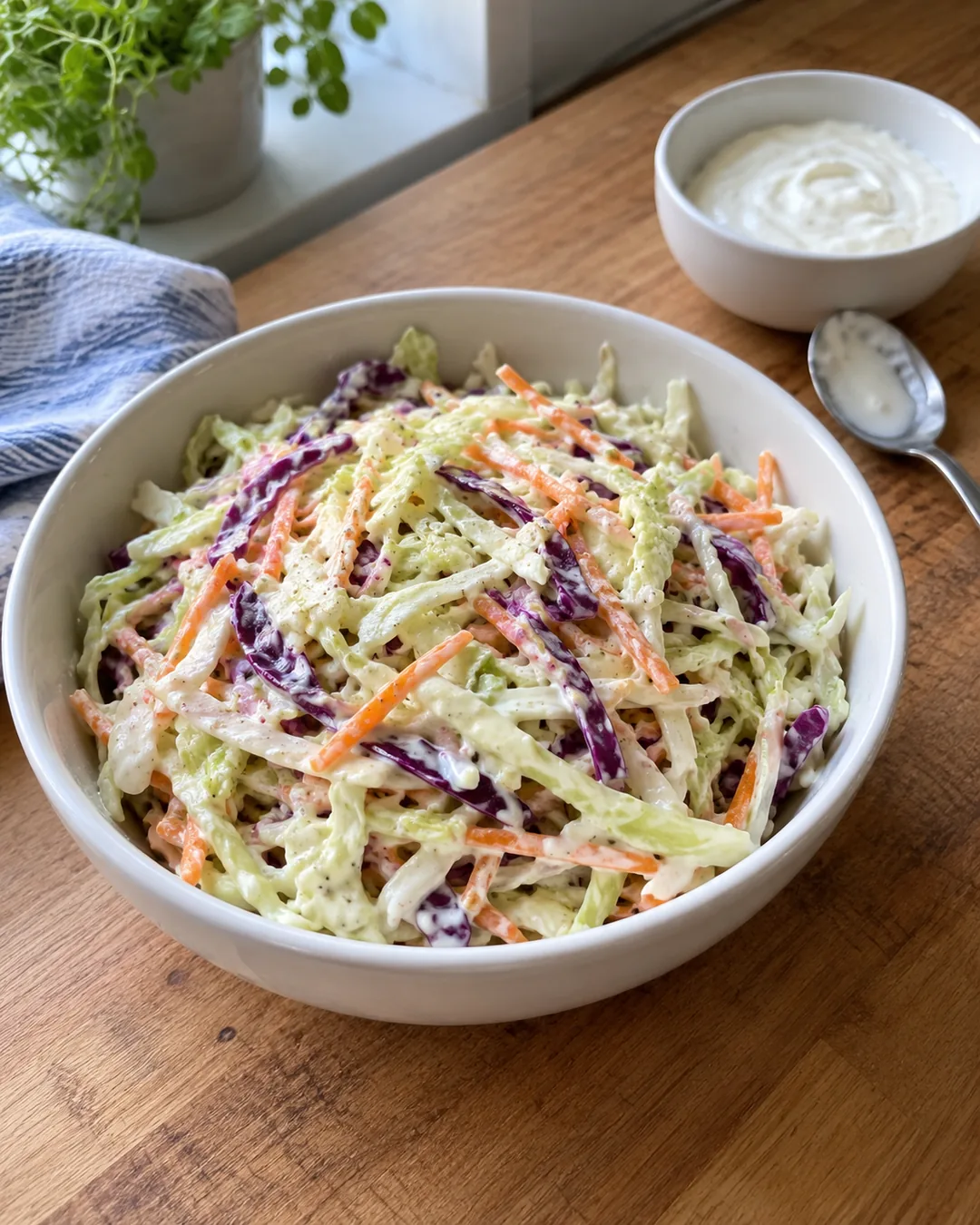 Shredded green and purple cabbage with carrot in creamy yogurt dressing, beside a bowl of yogurt.
