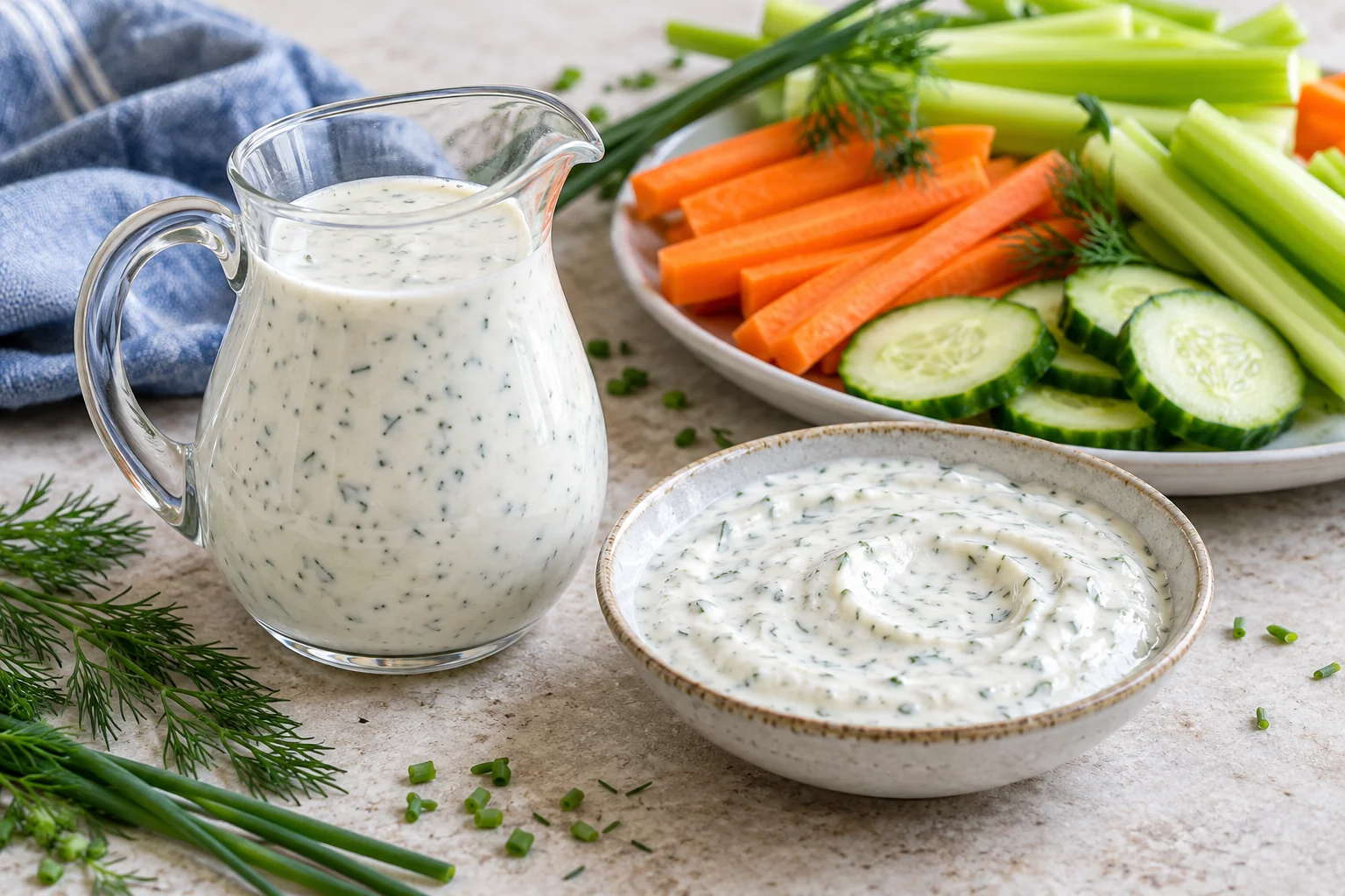 Greek yogurt ranch dressing flecked with herbs in a jug and bowl beside carrots, celery and cucumber.