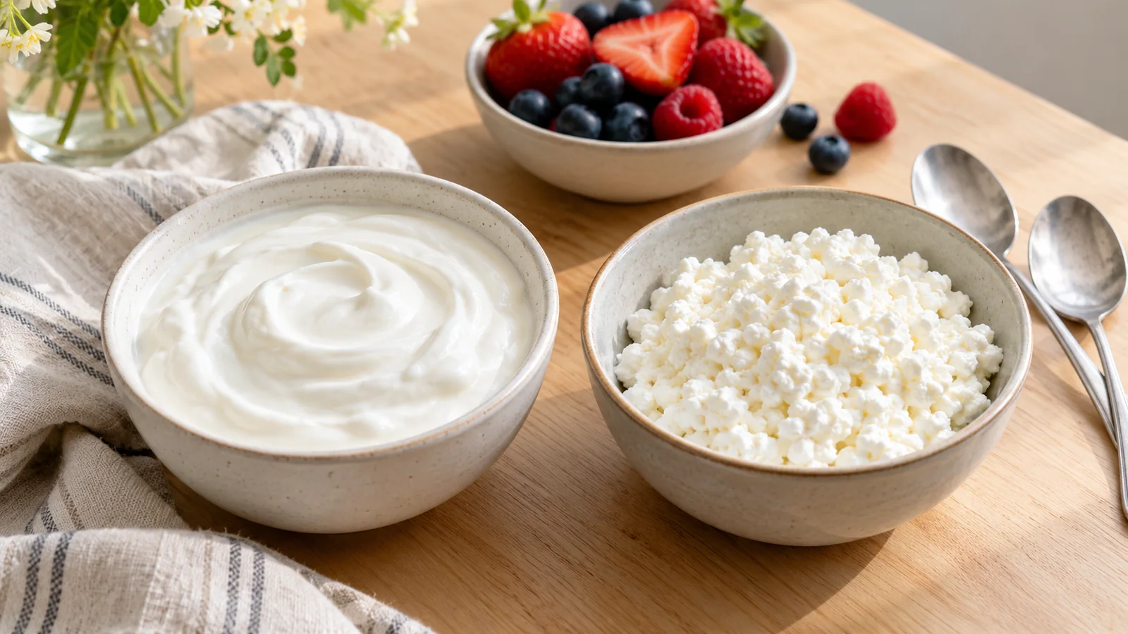 Smooth Greek yogurt and cottage cheese curds in two ceramic bowls with fresh berries nearby.