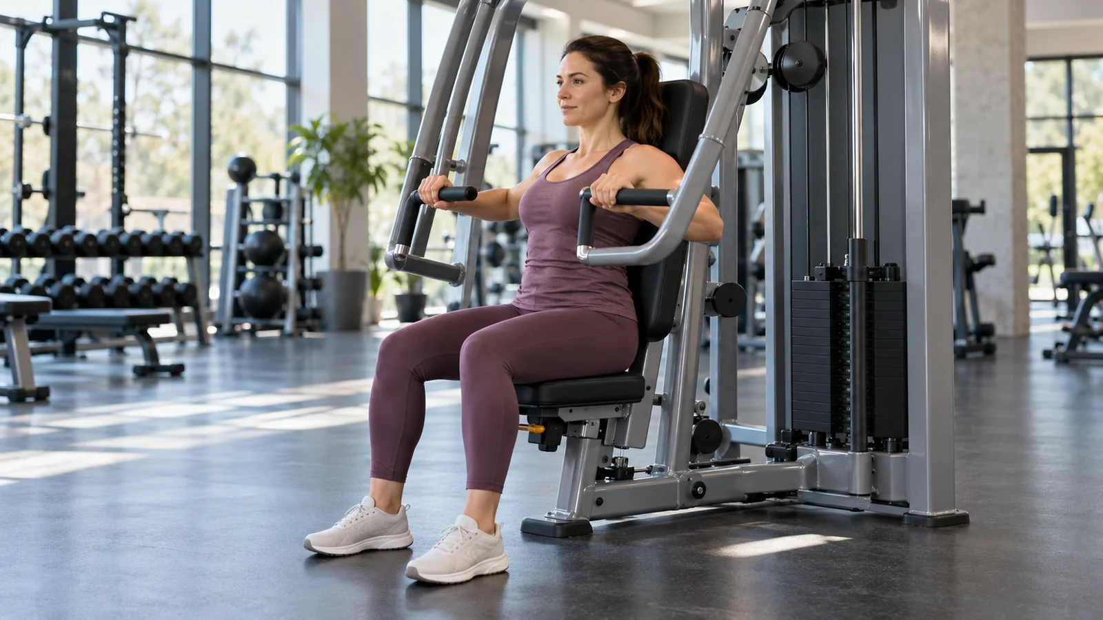 Woman seated with feet grounded at a chest-press machine