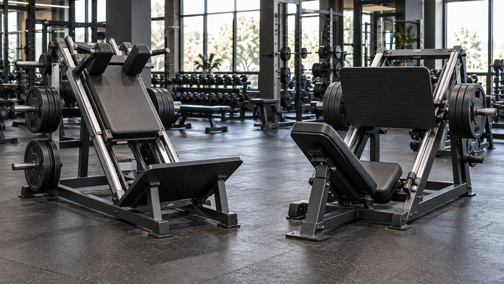 Hack squat and leg press machines side by side in a gym.