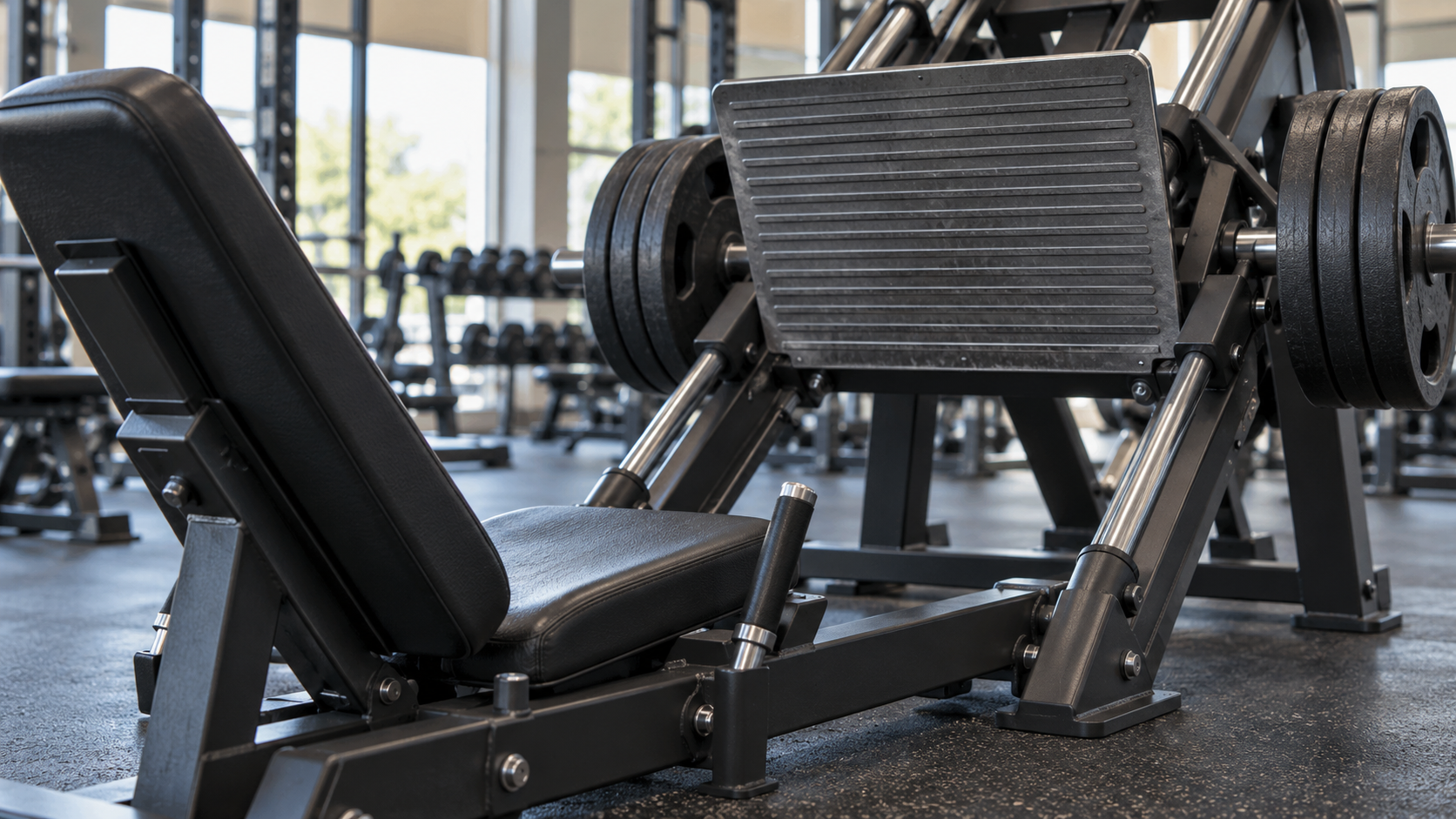 Close-up of a leg press machine’s seat, safety handle, and ribbed footplate.