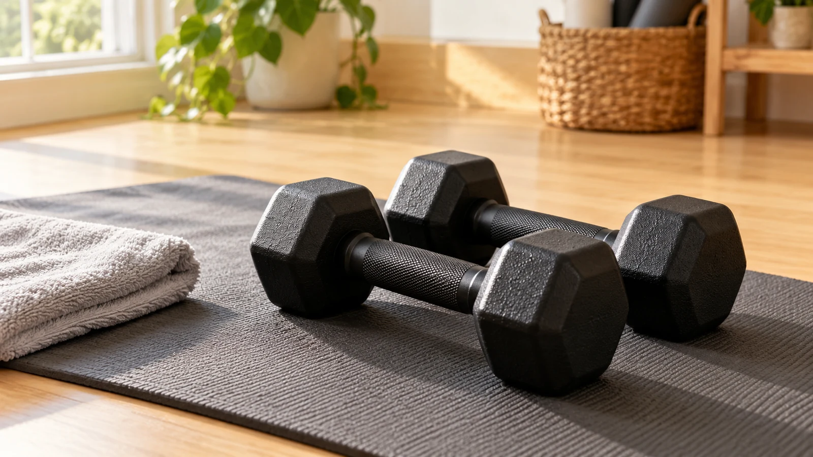 Pair of dumbbells on a workout mat in a bright home gym.