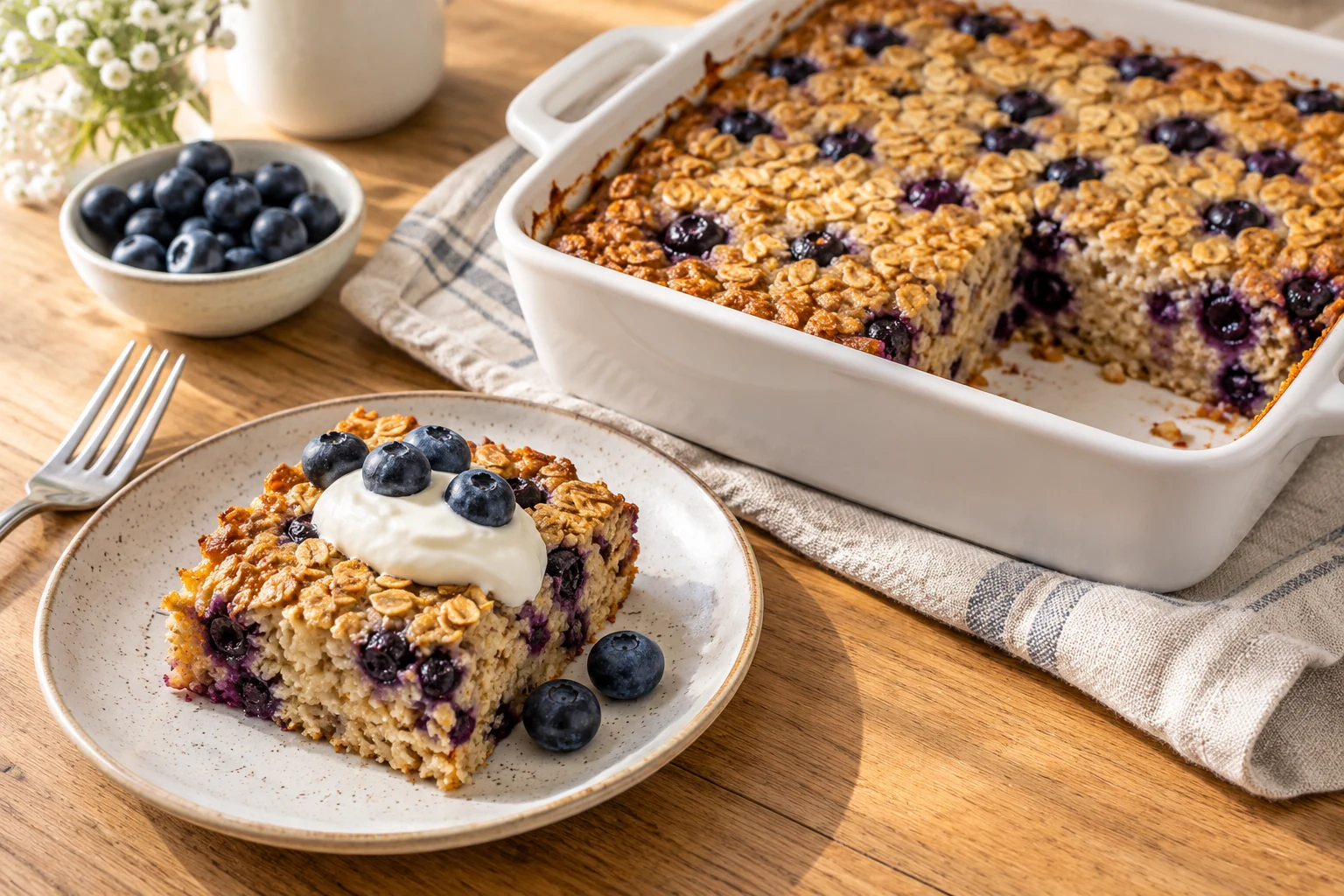 Blueberry baked oatmeal in a square dish with a portion topped with yogurt and blueberries on a plate.