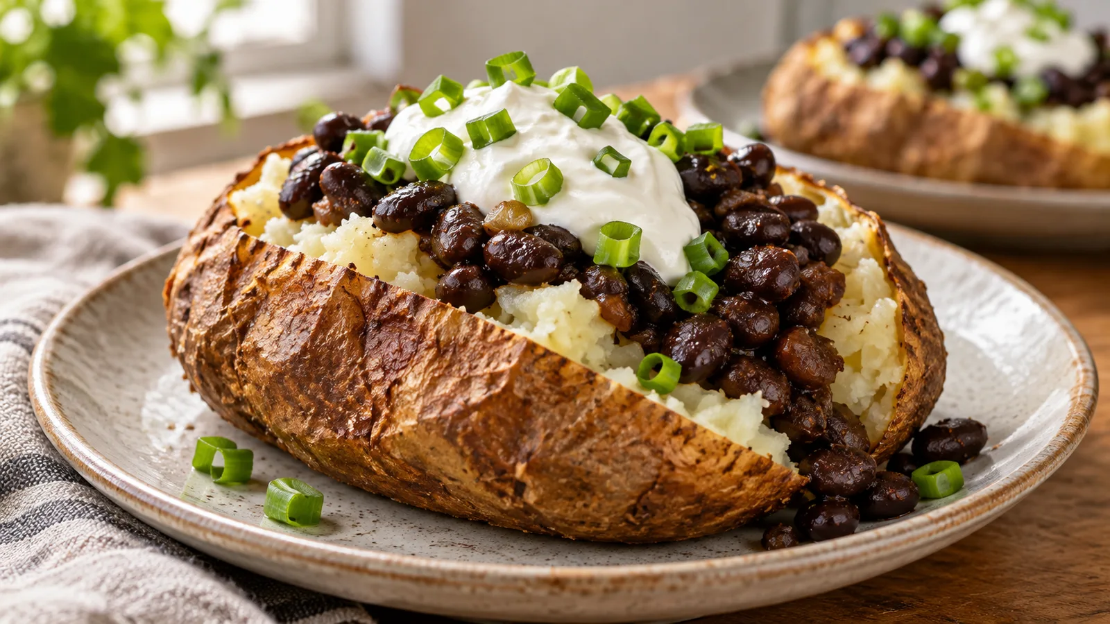A split baked potato topped with beans and plain yogurt on a plate.