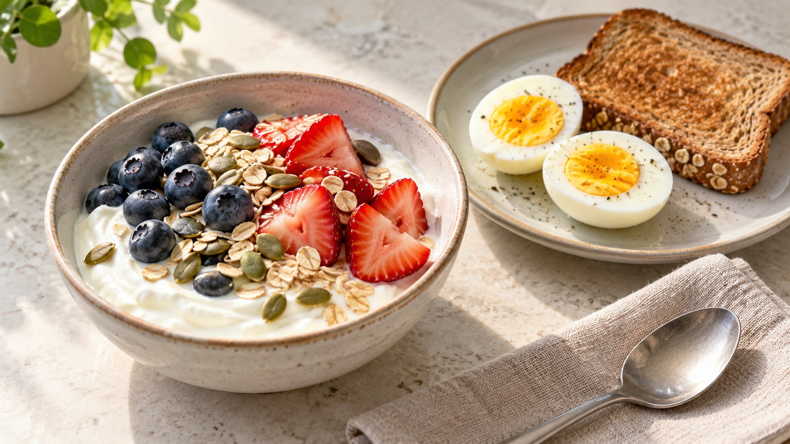 Greek yogurt with berries, oats and seeds beside boiled egg and whole-grain toast
