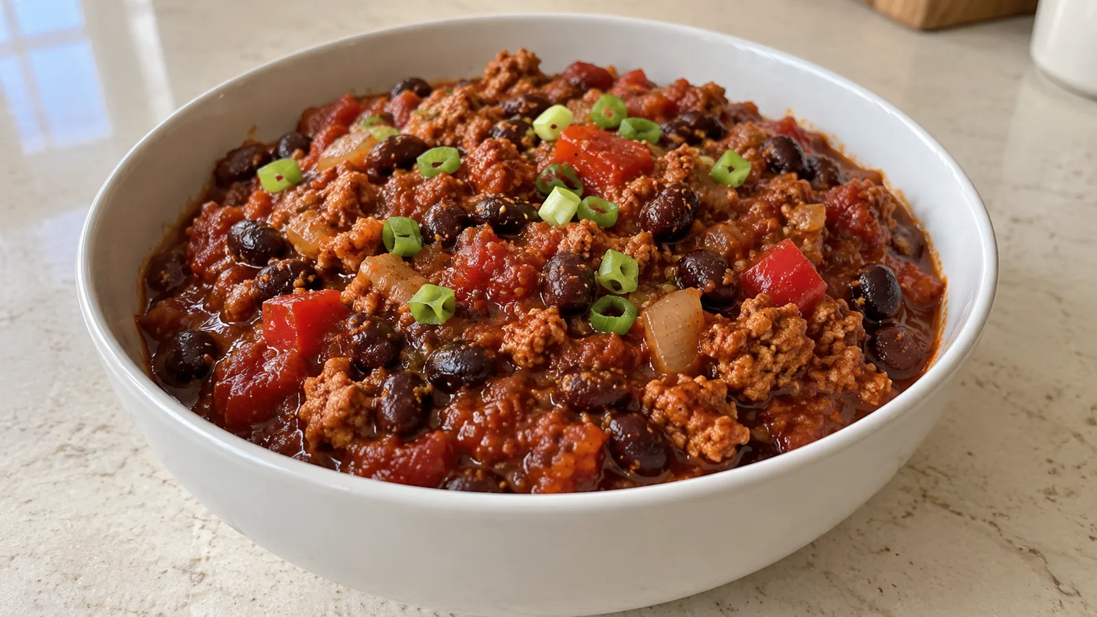 Thick turkey and black bean chili with red pepper and scallions in a white bowl.