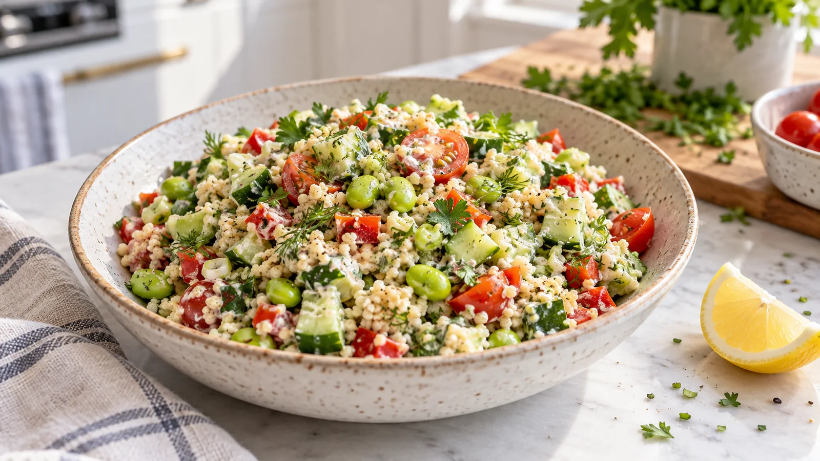 Couscous salad with shelled edamame, cucumber, tomatoes, herbs, and lemon yogurt dressing.