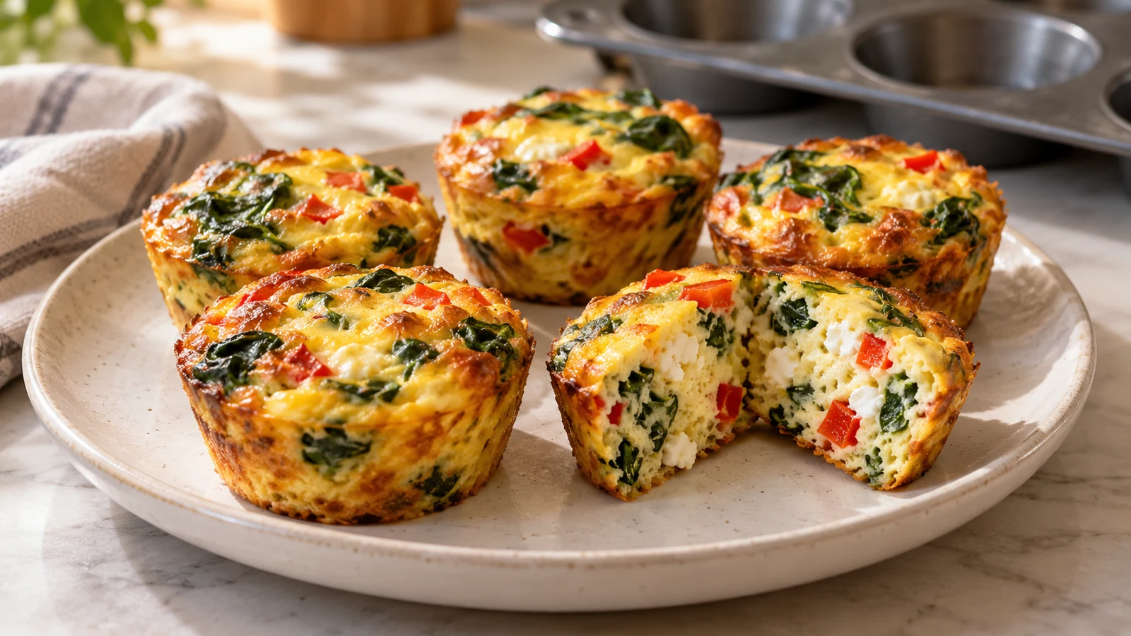 Golden egg muffins with spinach and peppers on a ceramic plate.