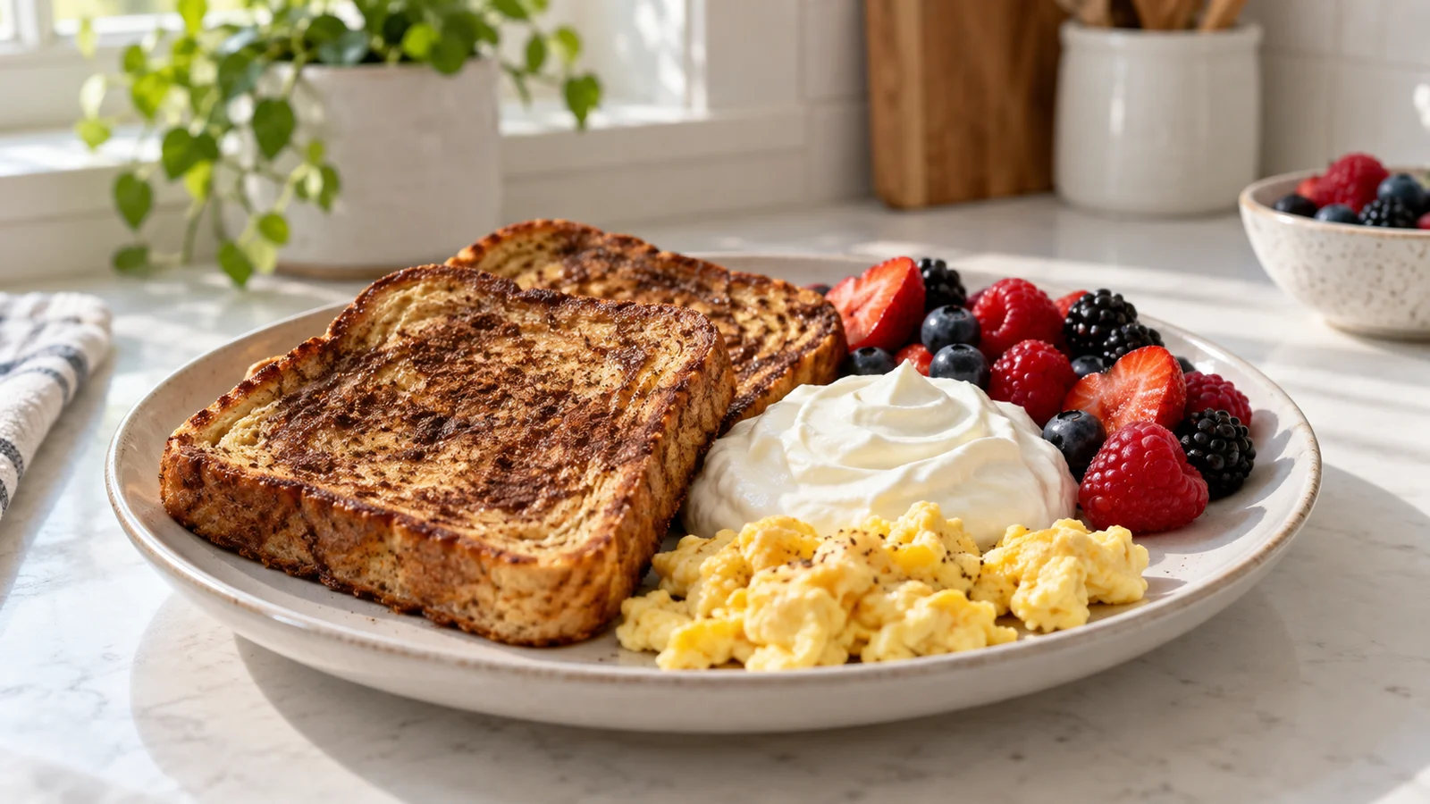 Cinnamon French toast served with Greek yogurt, berries, and a small cooked egg-custard side.