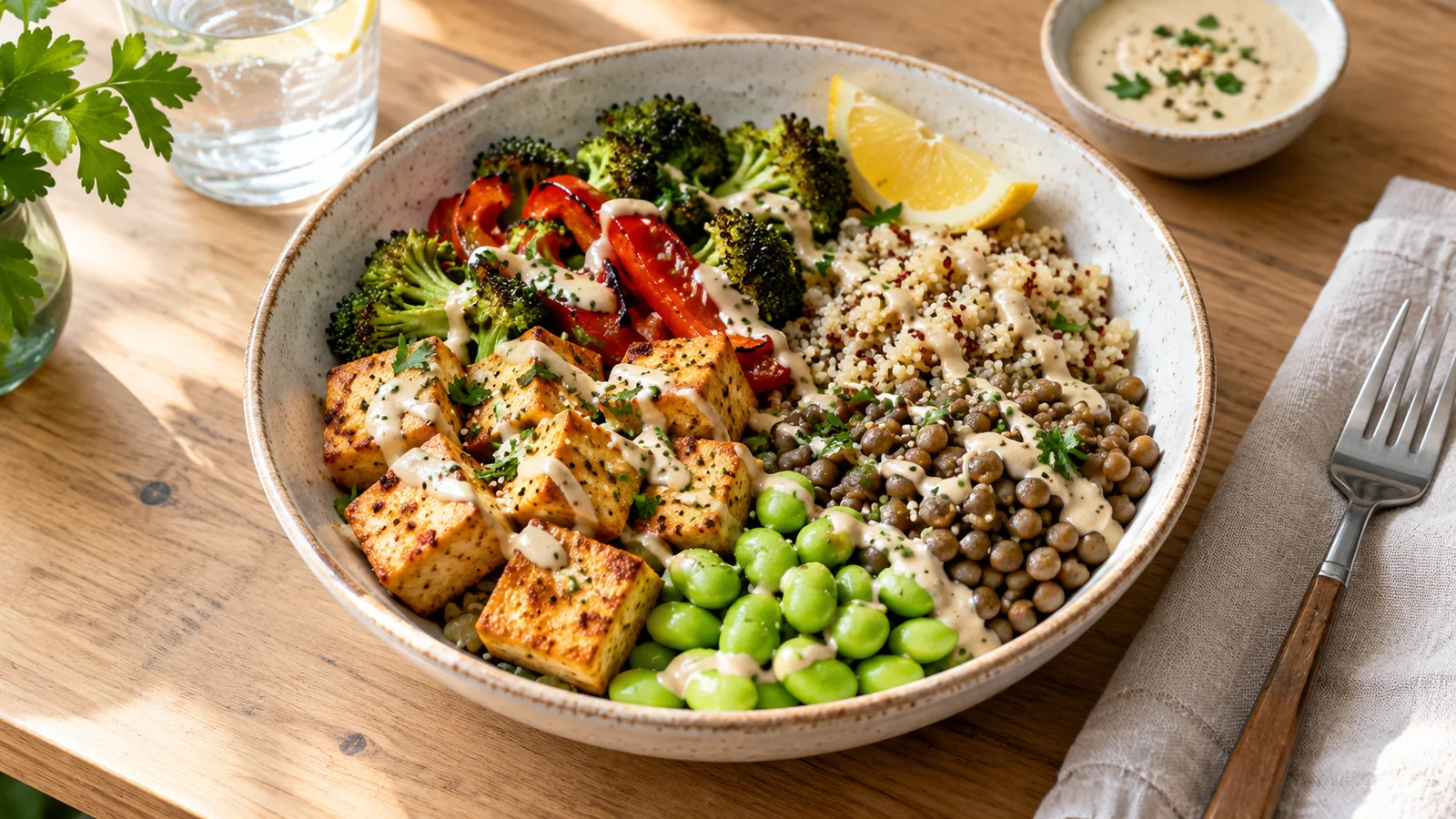Bowl of tofu, edamame, lentils, quinoa and roasted vegetables with tahini sauce