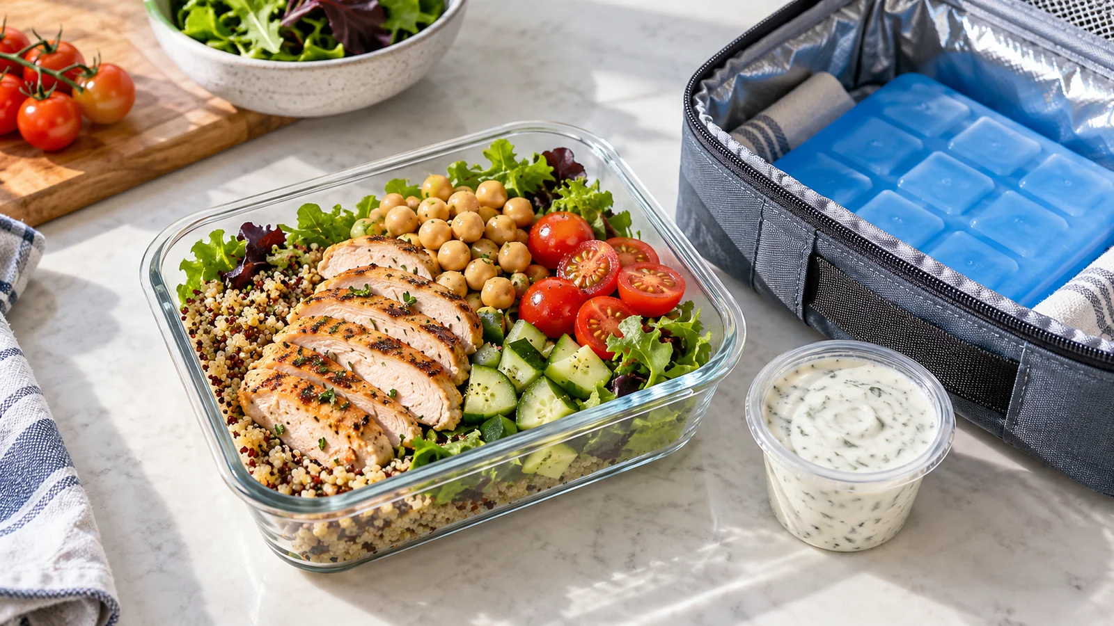 Chicken, chickpea and quinoa salad beside an insulated lunch bag and ice pack