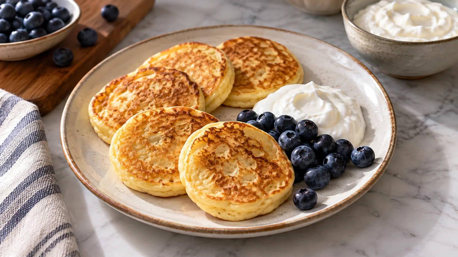 Small golden pancakes served with plain Greek yogurt and fresh blueberries.