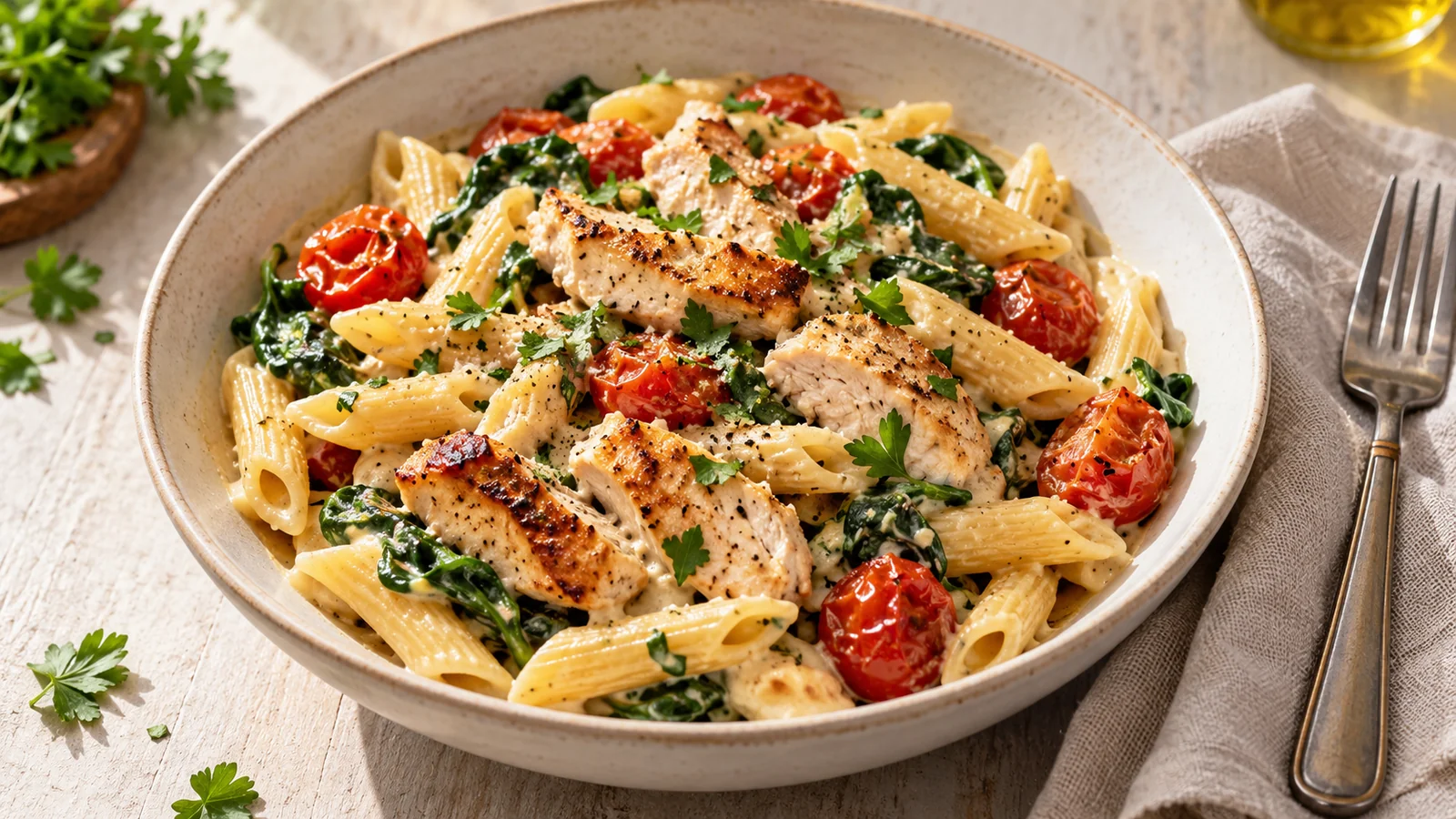 Penne pasta with cooked chicken, spinach and roasted cherry tomatoes in a creamy sauce.