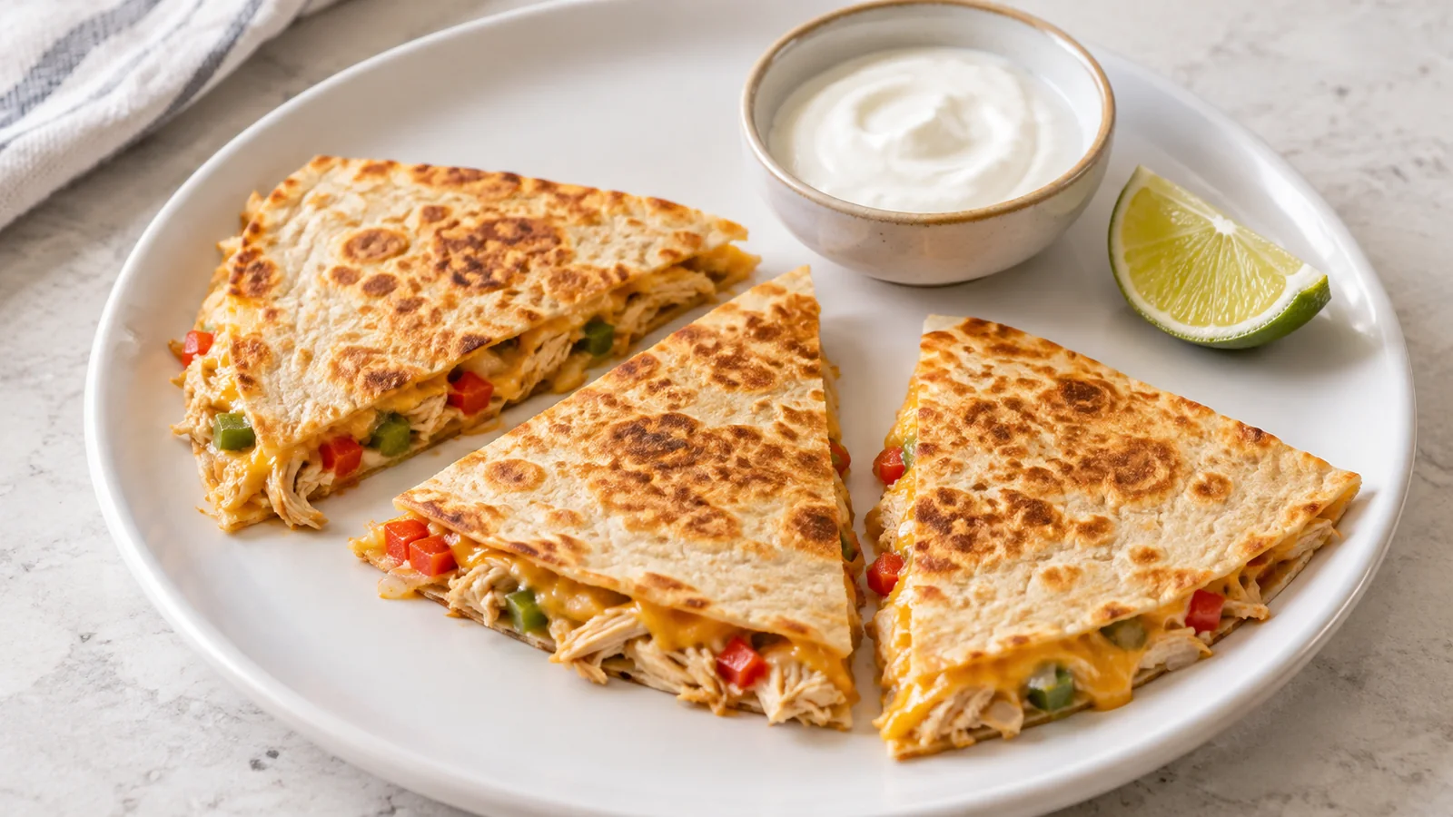 Crisp chicken, cheddar, pepper and onion quesadilla cut into wedges, with plain yogurt and lime on the side.