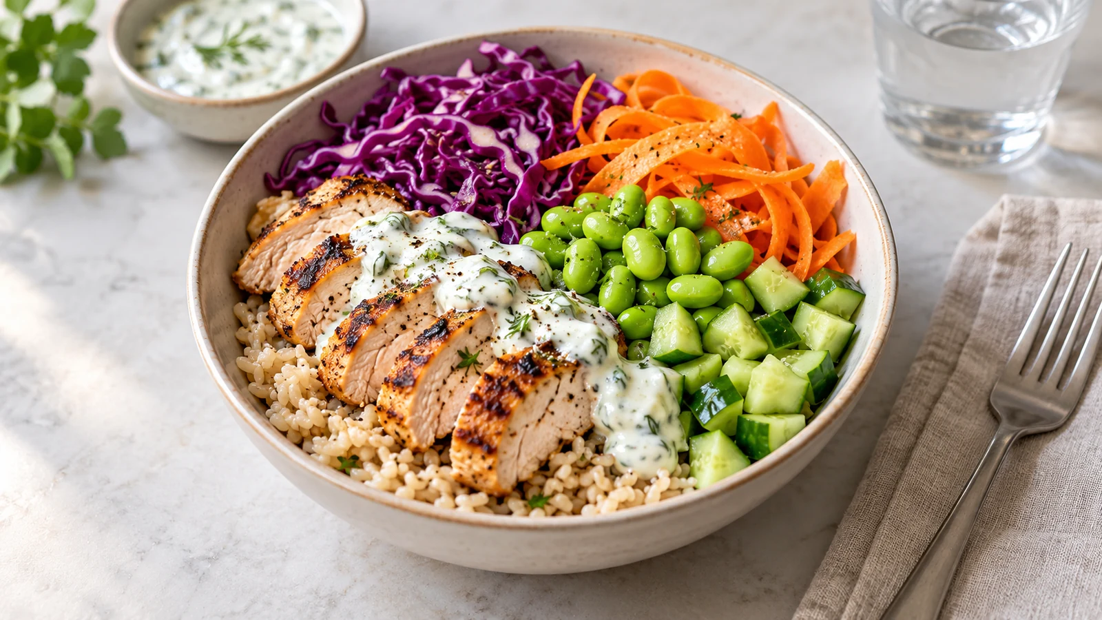 Rice bowl with grilled chicken, edamame, cucumber, and colorful vegetables.
