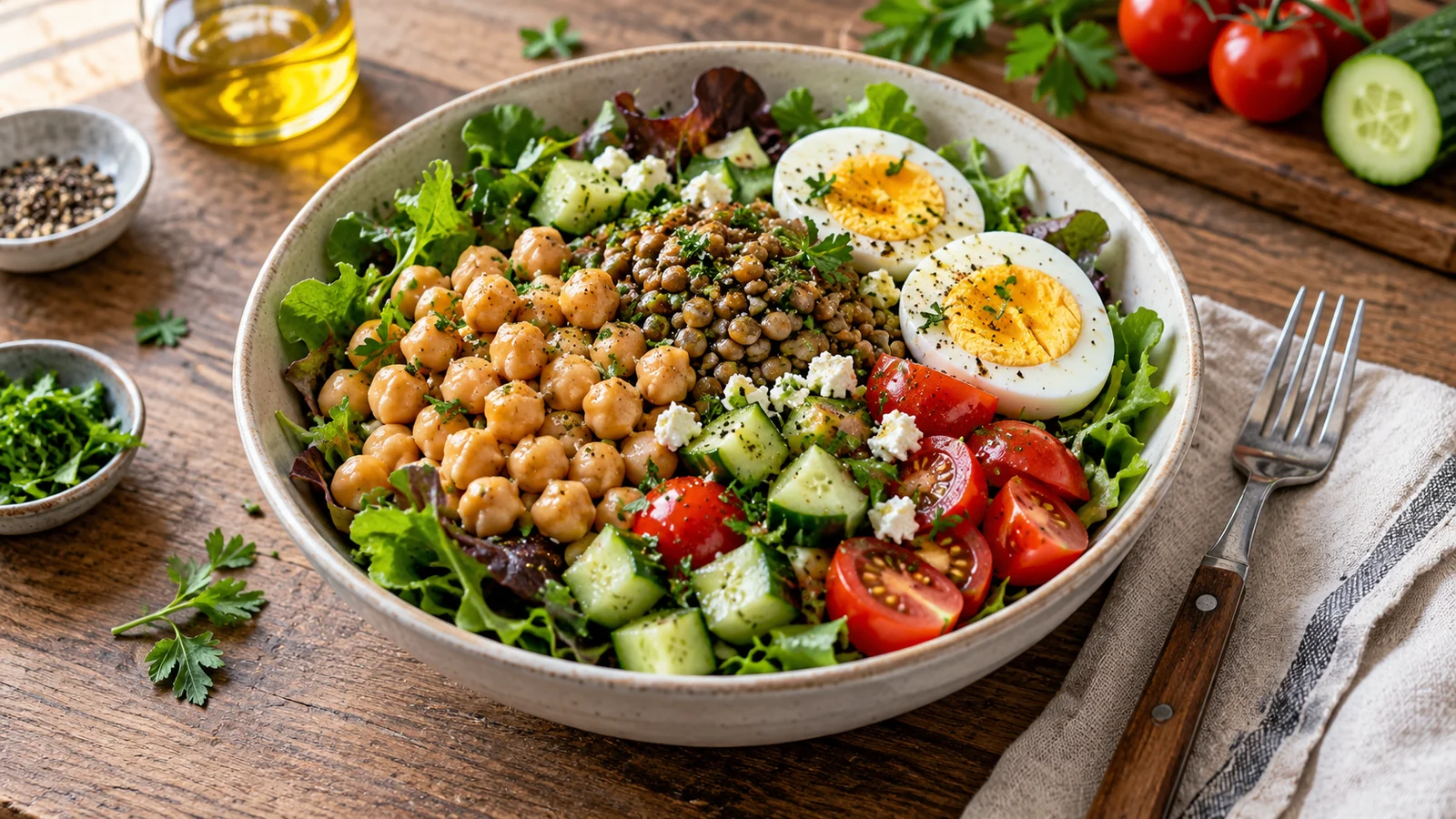 Salad with chickpeas, lentils, boiled eggs, greens, cucumber and tomatoes.
