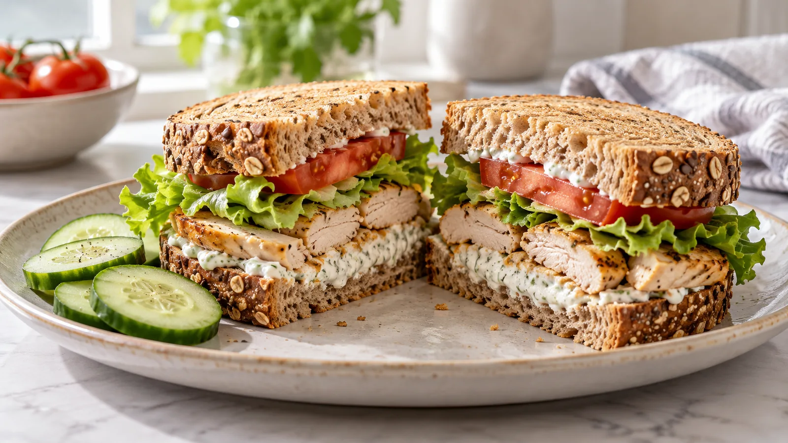 A whole-grain chicken sandwich with visible filling on a plate.