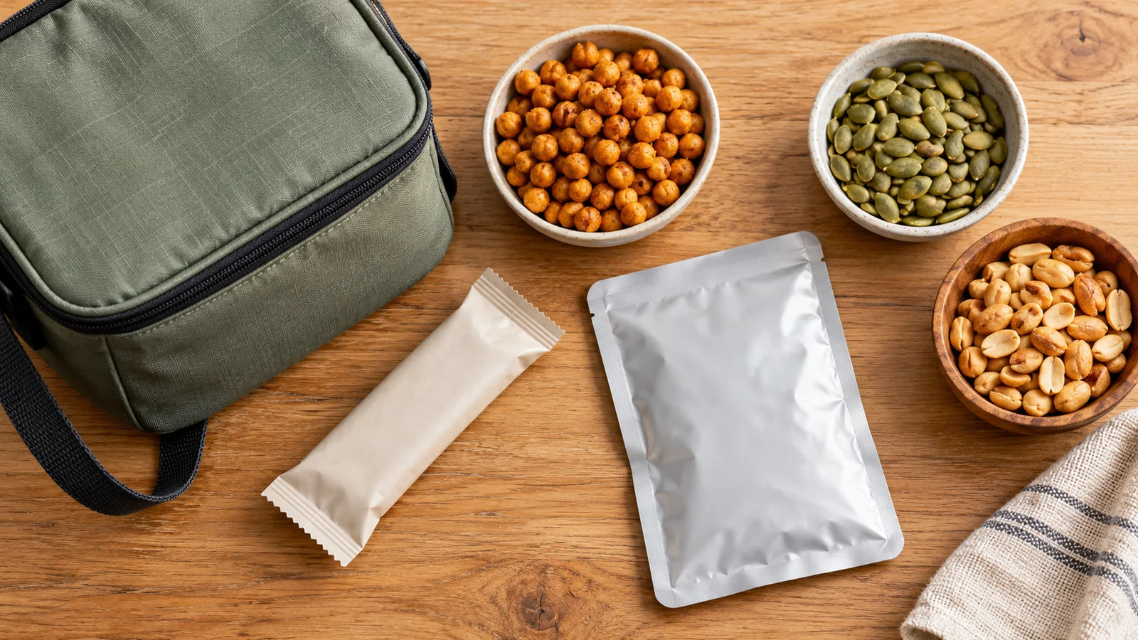 Roasted chickpeas, pumpkin seeds, peanuts and sealed packets arranged beside a lunch bag.