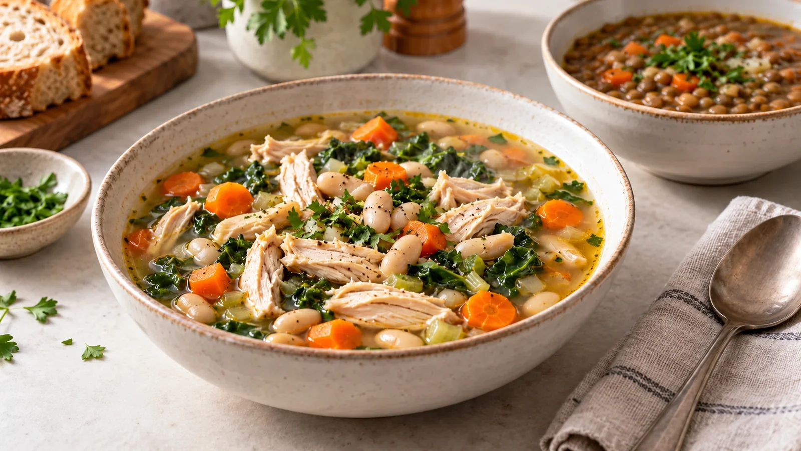 Chicken, white bean and vegetable soup with a bowl of lentil soup in the background.