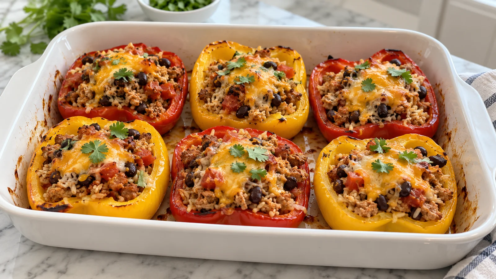 Six baked red and yellow pepper halves filled with ground turkey, black beans, brown rice, tomato, and a light cheddar topping.