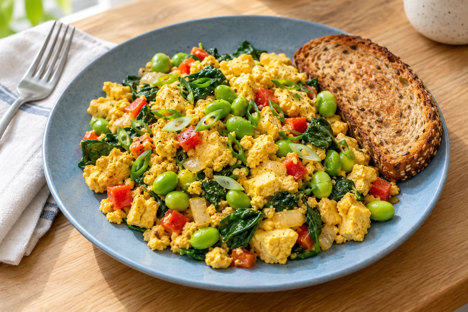 Golden tofu scramble with edamame, spinach, red pepper, and spring onion beside seeded toast on a blue plate.
