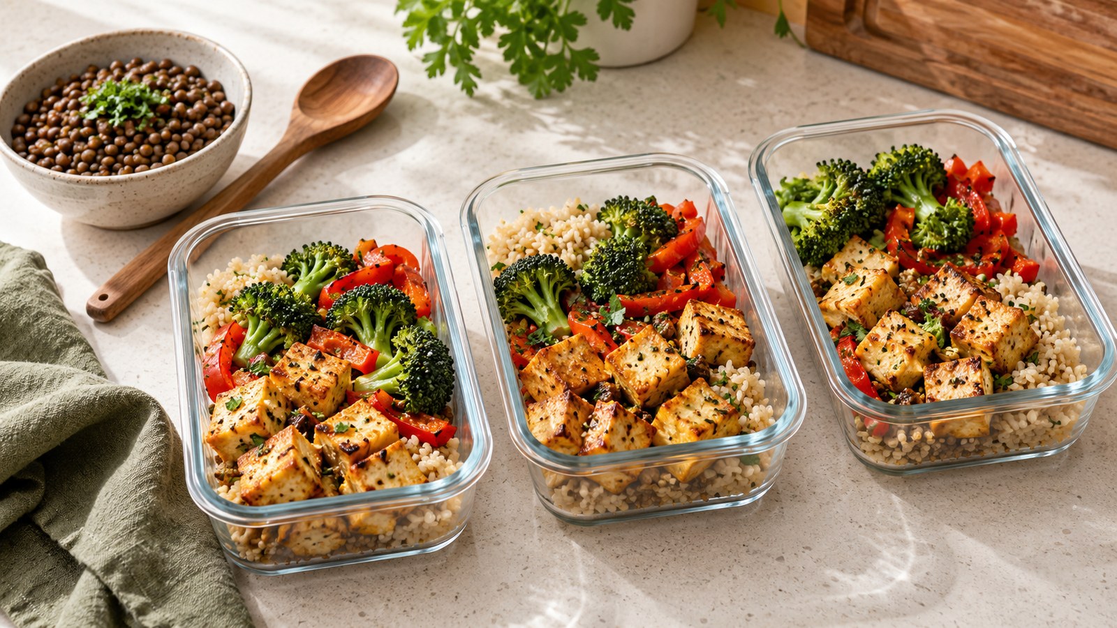 Three glass meal-prep containers with baked tofu, grains and vegetables beside lentils