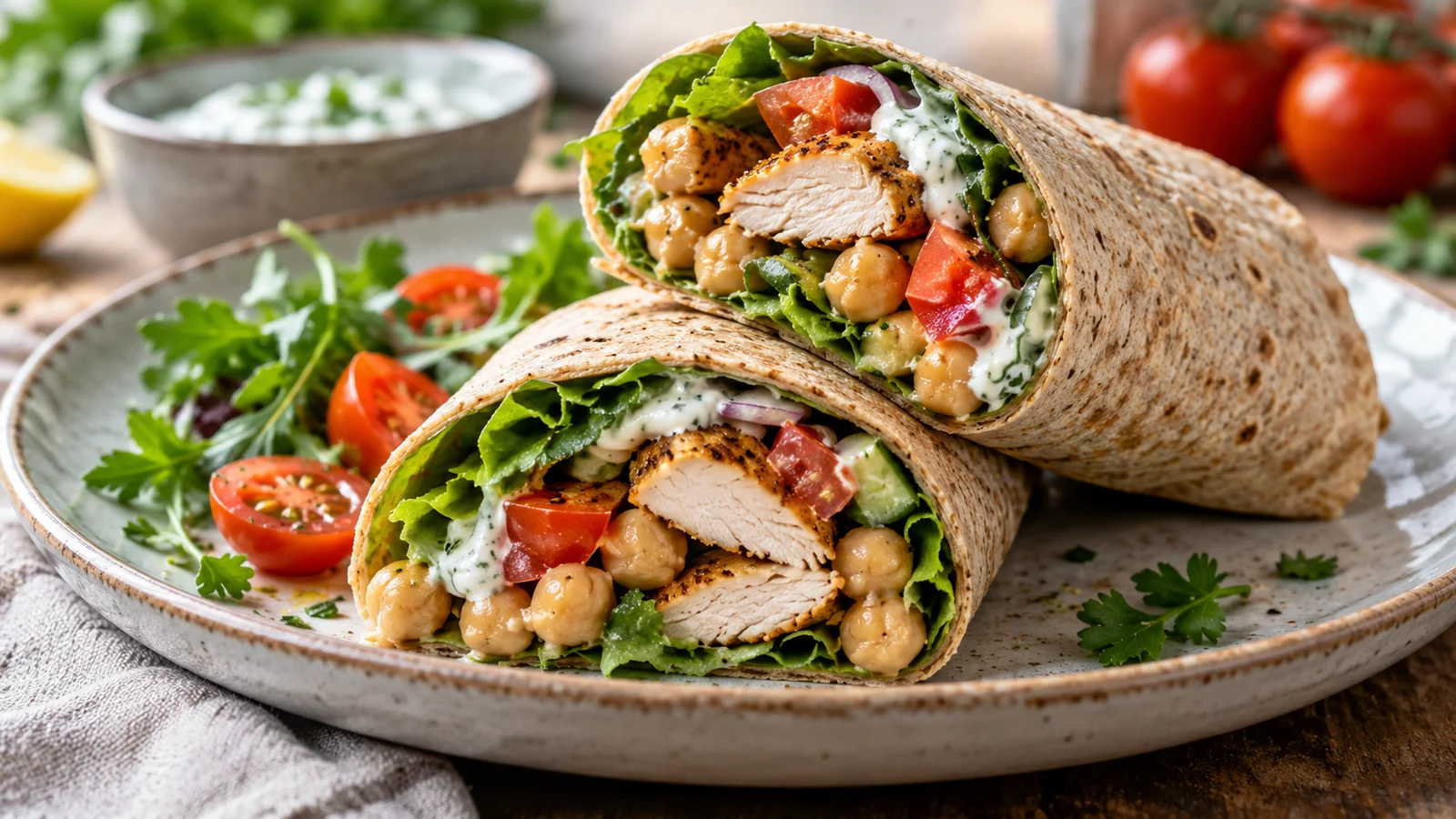 Whole wheat wrap halves filled with cooked chicken, chickpeas, vegetables and yogurt dressing.