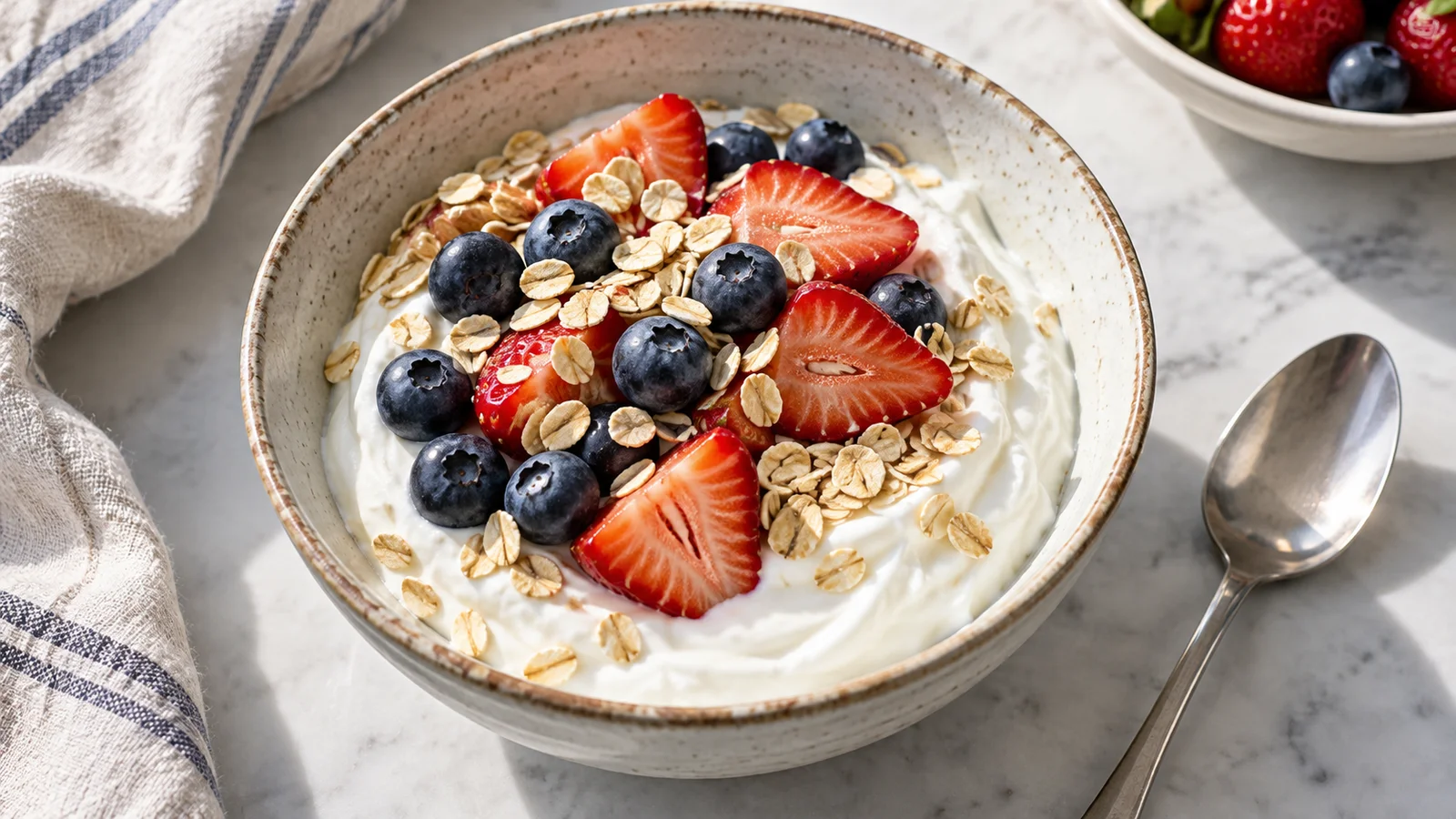 Greek yogurt bowl topped with blueberries, strawberries, and rolled oats.