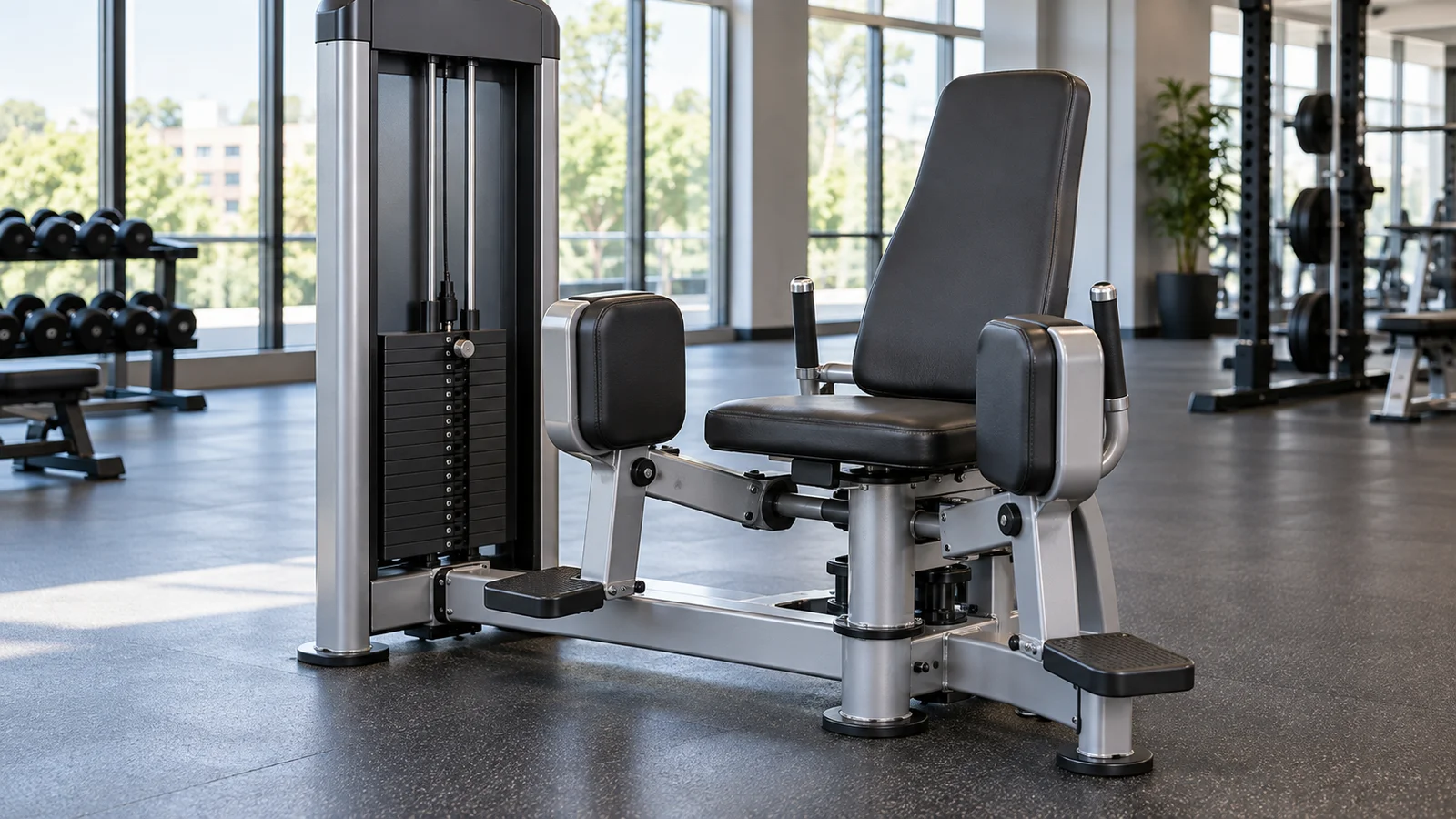 An empty adjustable hip abduction machine with a padded seat, backrest, thigh pads, and weight stack.