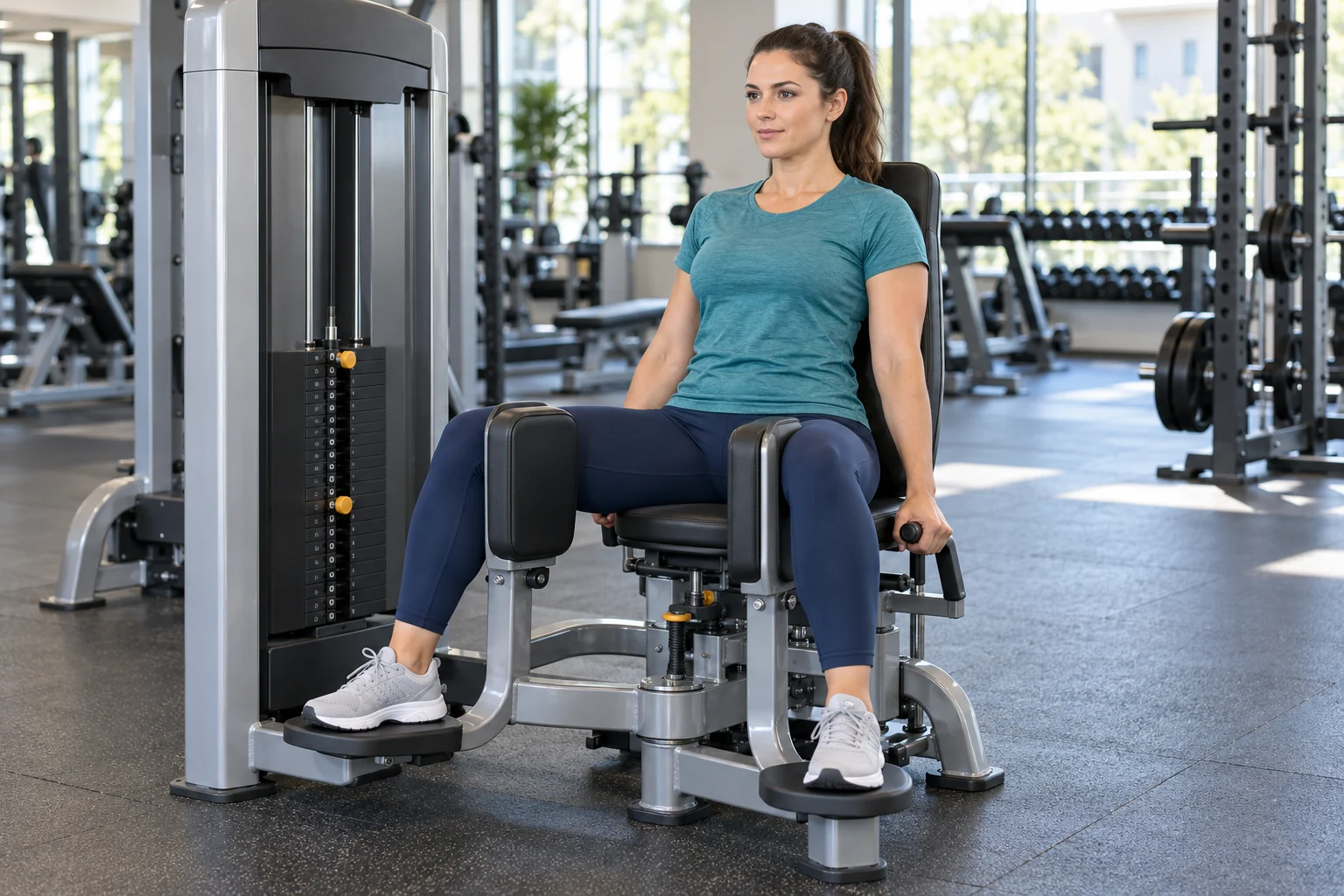 Woman seated upright on a hip adduction machine with padded supports against the insides of her thighs.
