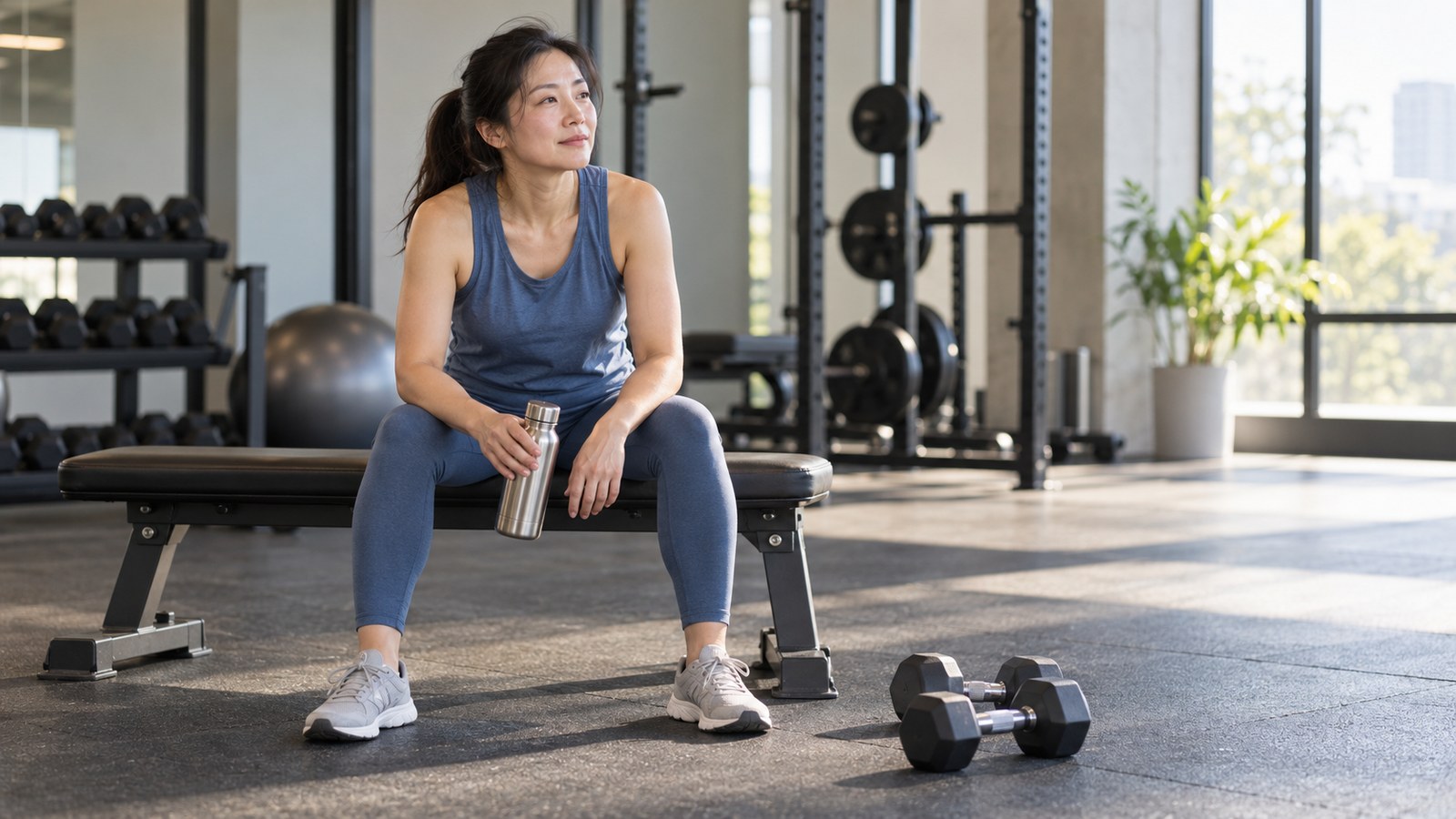 Woman resting on a gym bench with a water bottle and dumbbells nearby