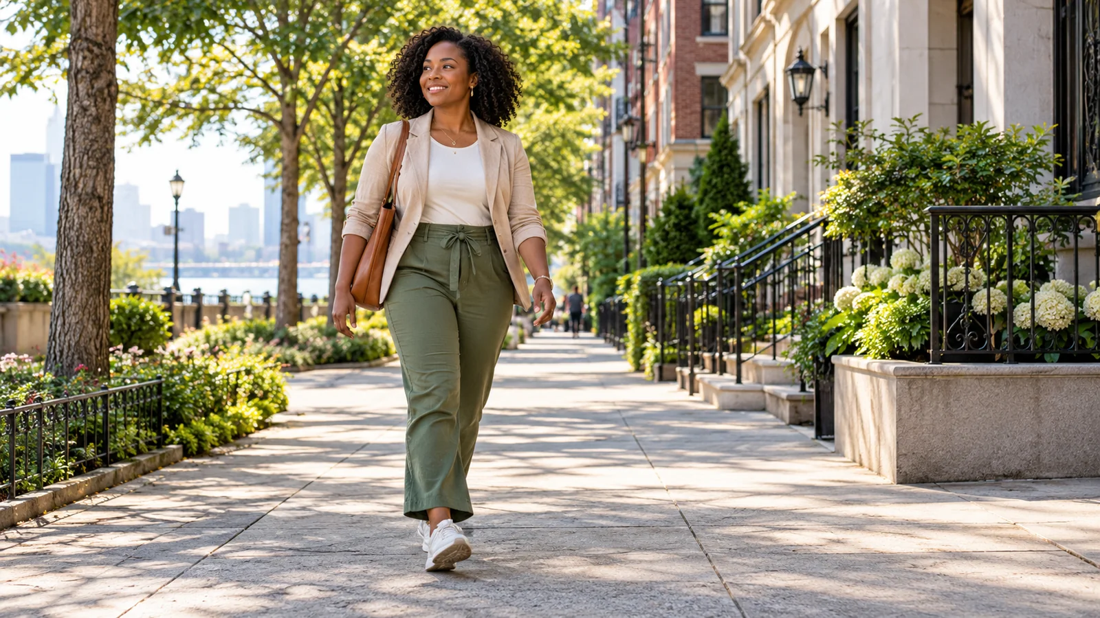 Woman taking a relaxed walk along a leafy city sidewalk