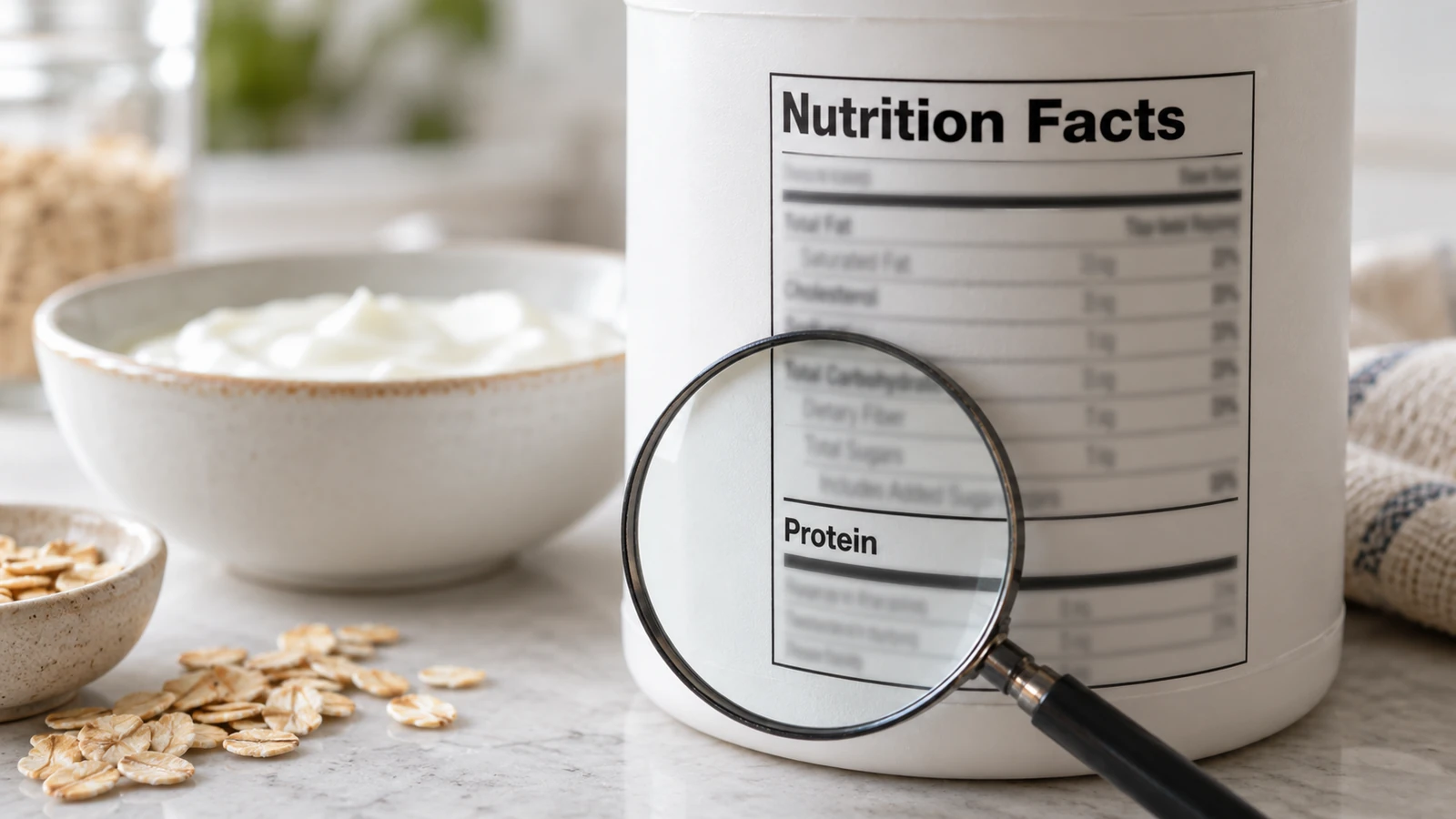Magnifying glass over the protein row of an unbranded nutrition panel beside yogurt and oats.