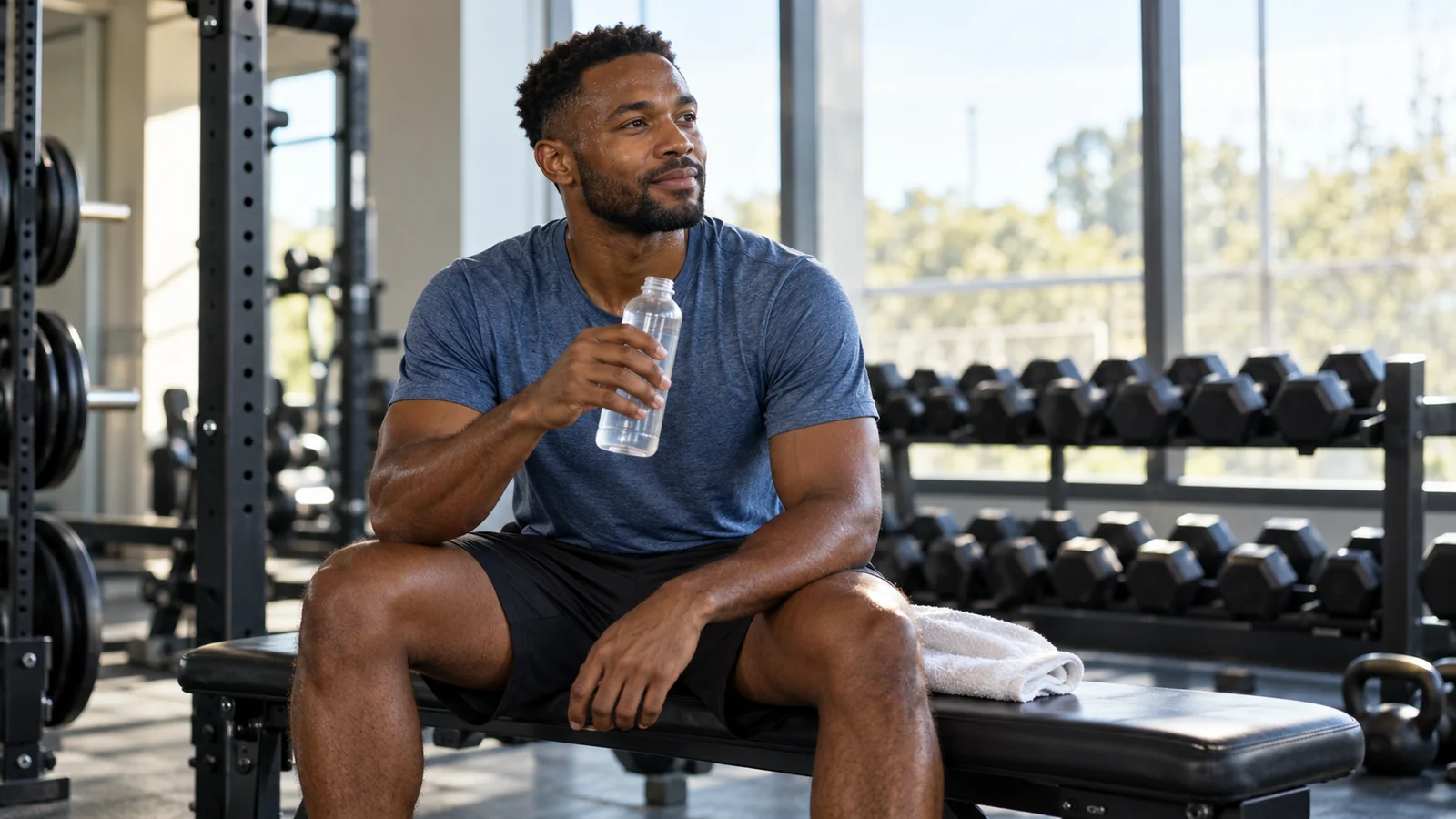 Man holding a water bottle while resting on a gym bench after exercise