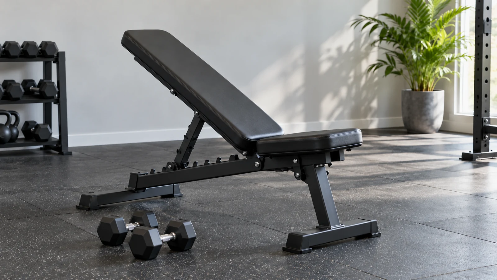 Incline workout bench with a pair of dumbbells beside it.