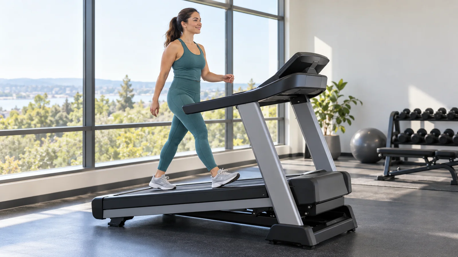 Woman walking upright on a gently inclined treadmill in a bright gym