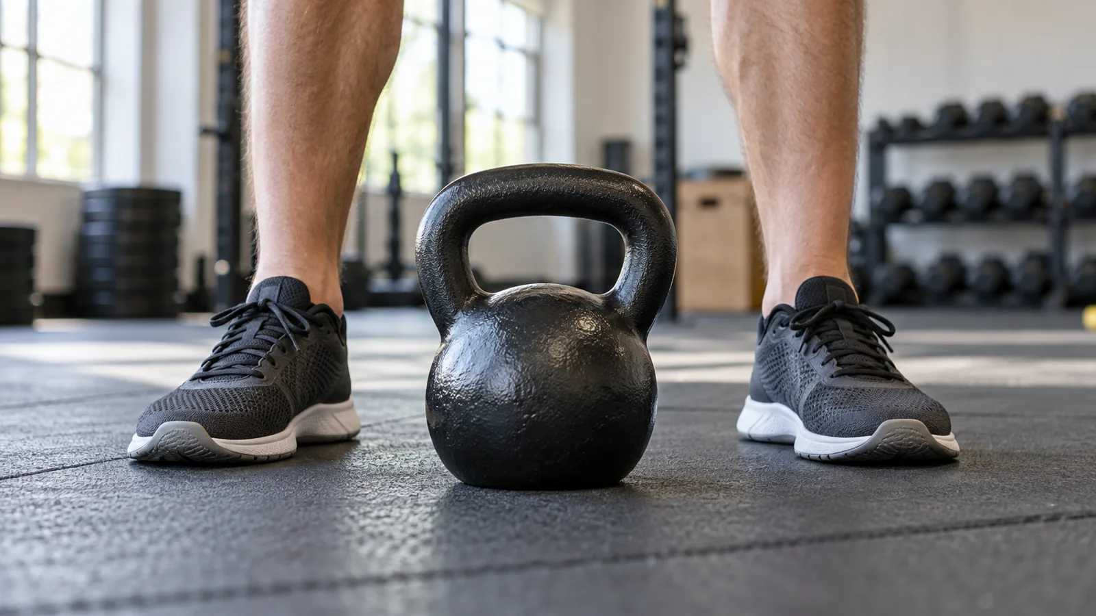 A kettlebell centered between an adult's training shoes in a deadlift starting setup.