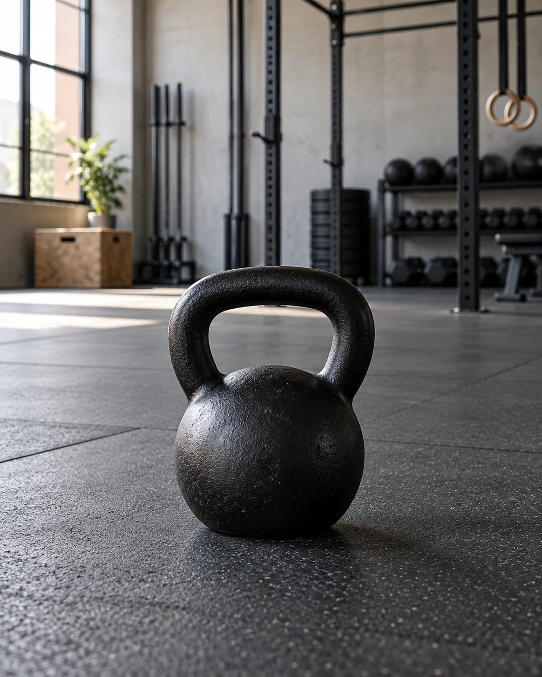 A black kettlebell resting upright on a rubber gym floor in an open training area.