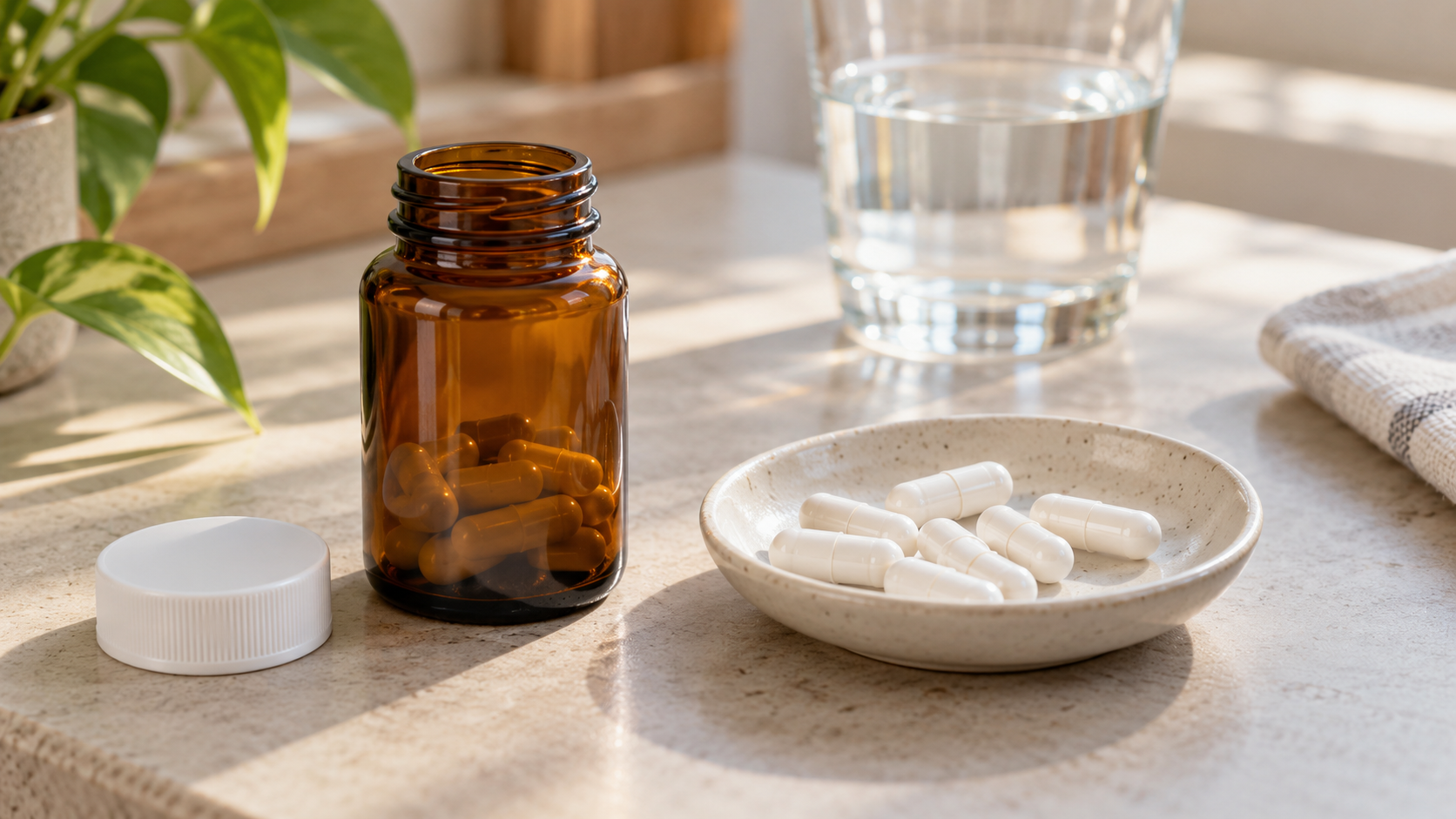 White capsules on a ceramic dish beside an unlabelled amber bottle and glass of water.