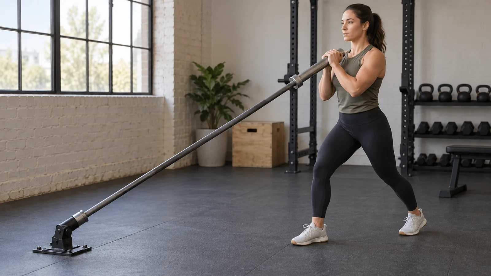 Two-handed landmine press with a barbell secured in a floor-mounted pivot.